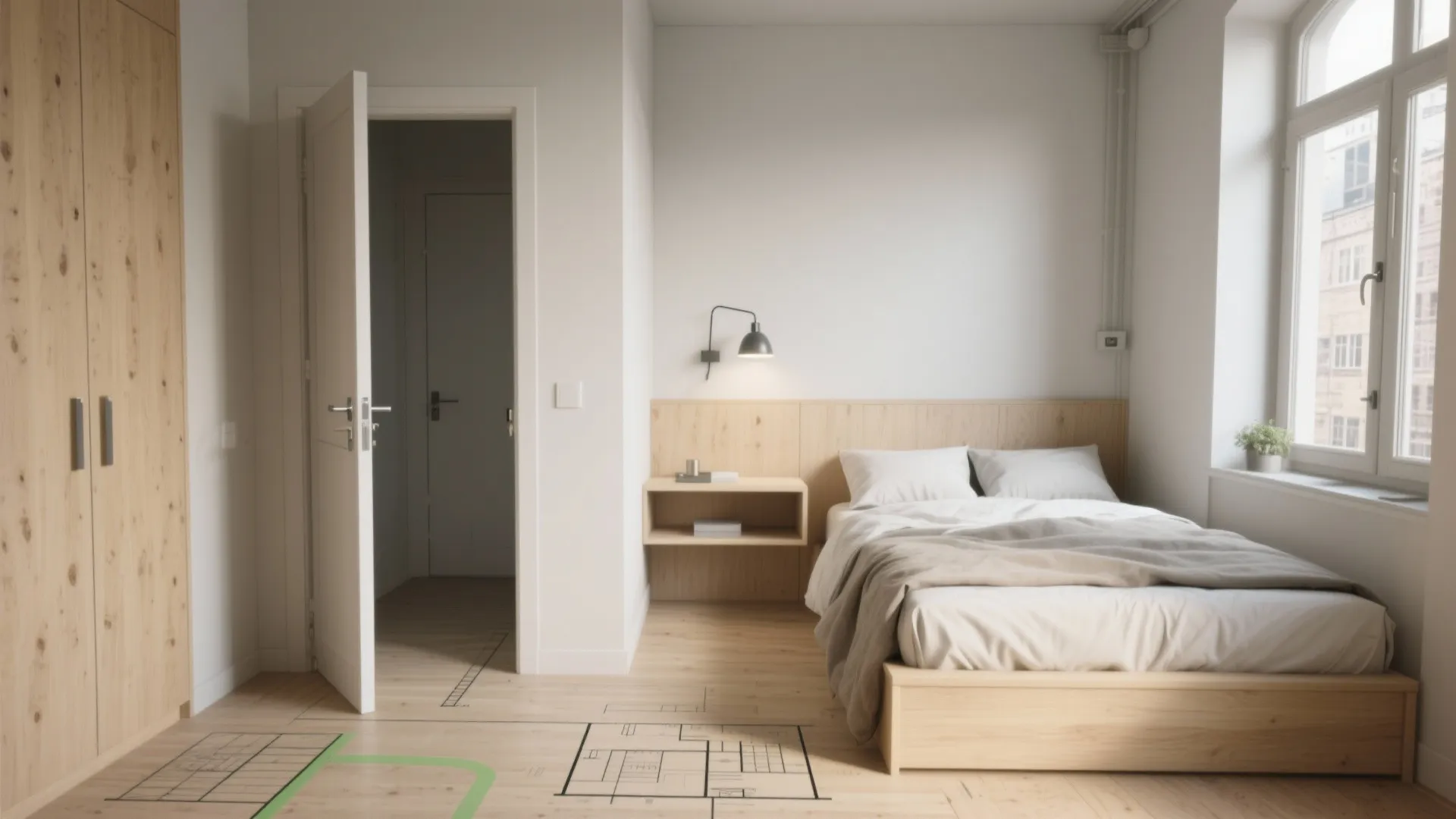 Small bedroom featuring wooden bed floor plan lines on floor white walls and wooden wardrobe