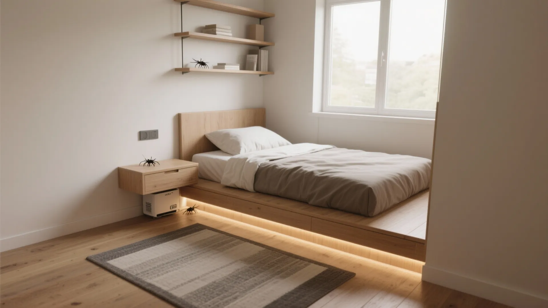 Minimalist wooden platform bed with light under glowing plus floating side table and simple rug