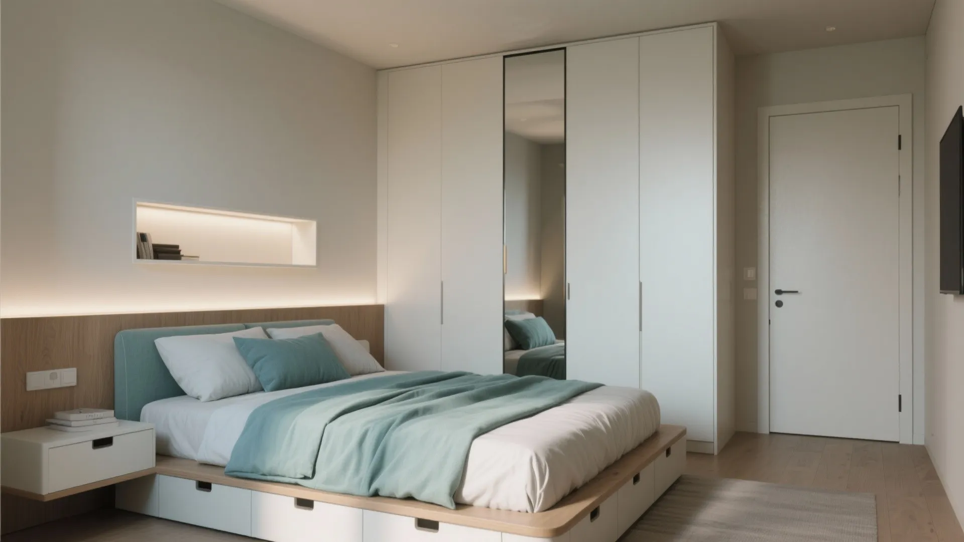Modern minimal bedroom with green bedding white built in wardrobe full length mirror and shelf