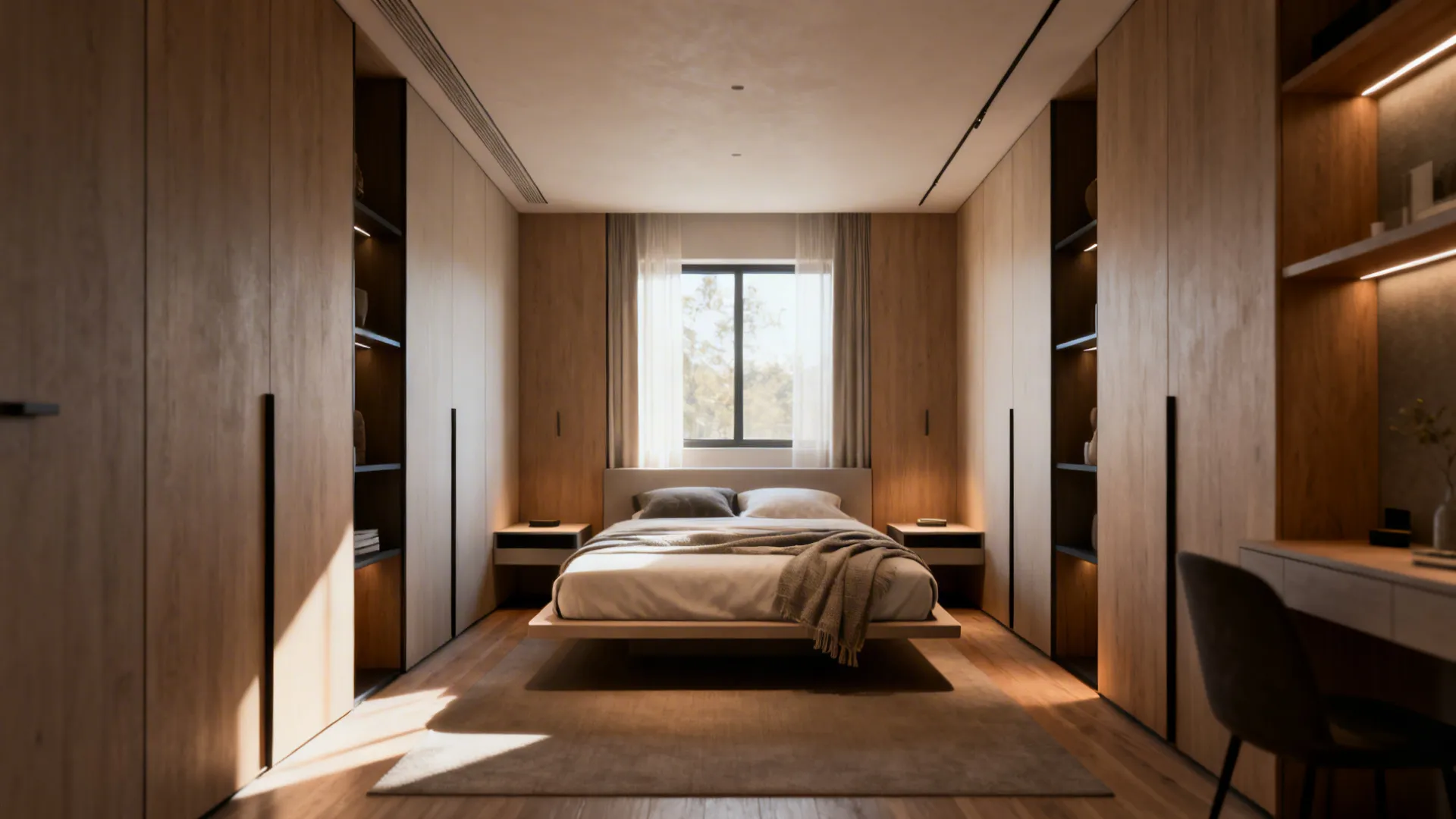 Modern minimalist bedroom with wooden wall panels wardrobes a centered bed and small work desk
