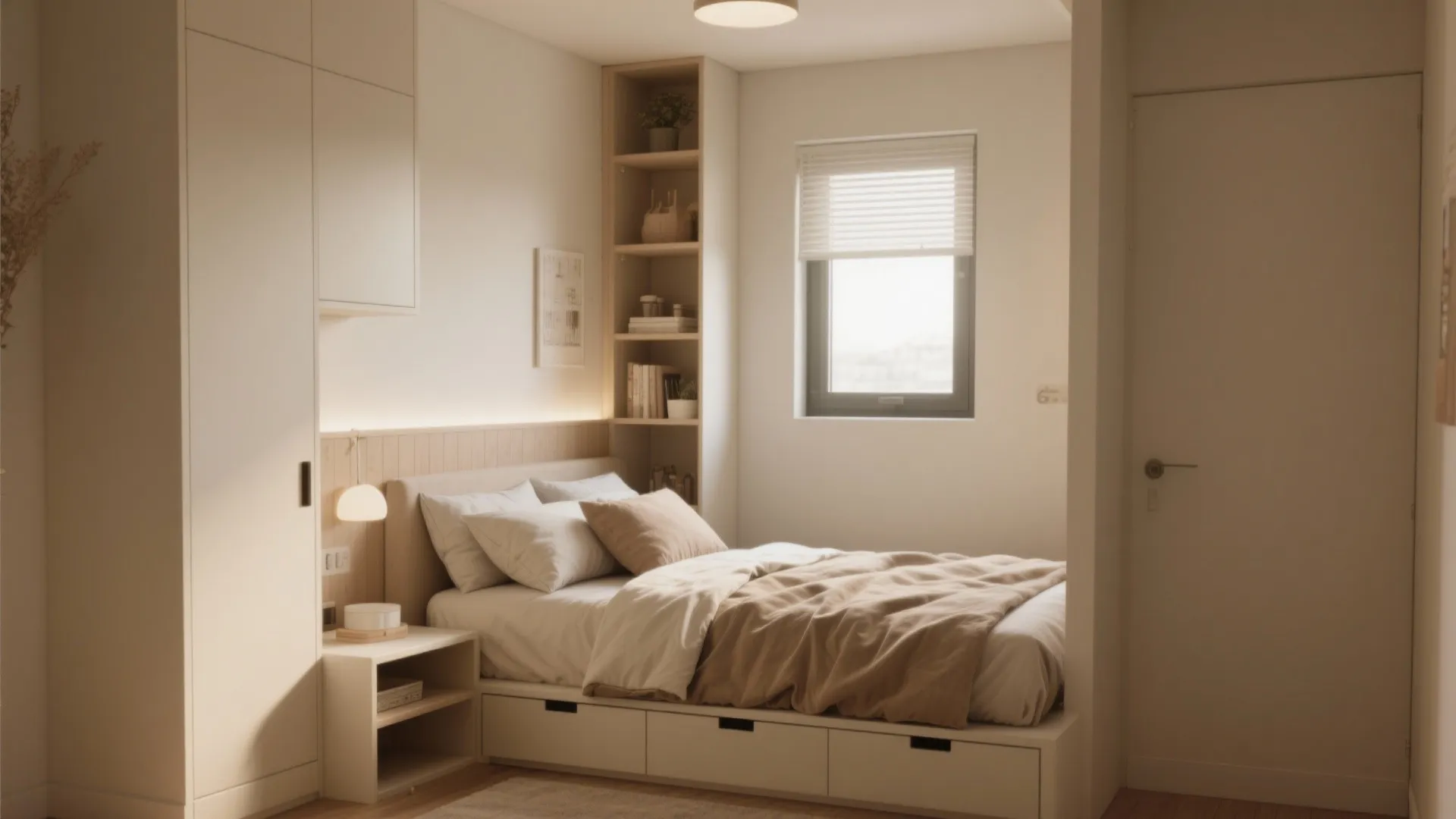 Minimalist small bedroom featuring storage bed, tall shelving unit, white wardrobe, window, and warm light