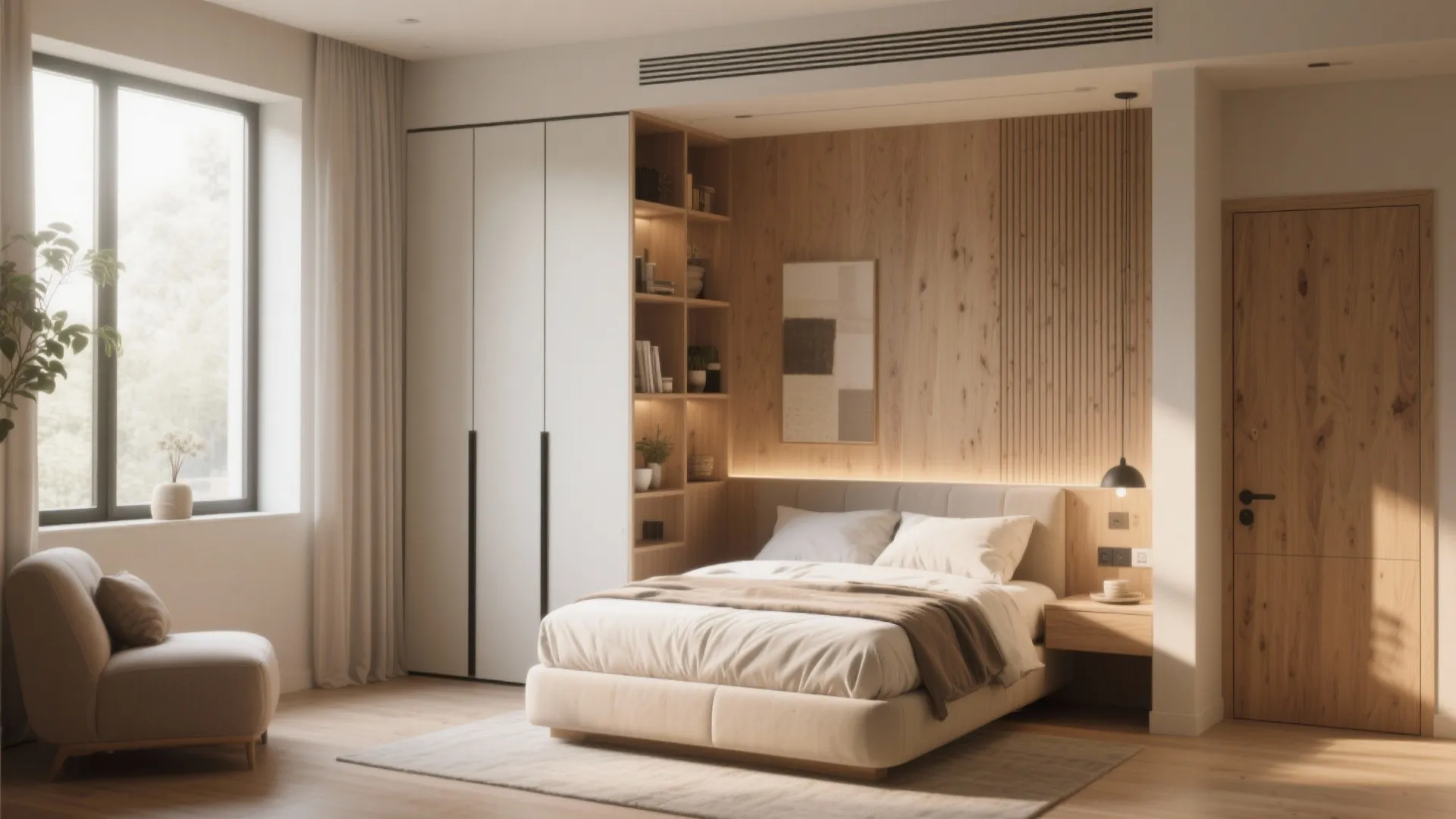 Modern bedroom with wooden wall paneling white wardrobe comfortable bed armchair and large bright window