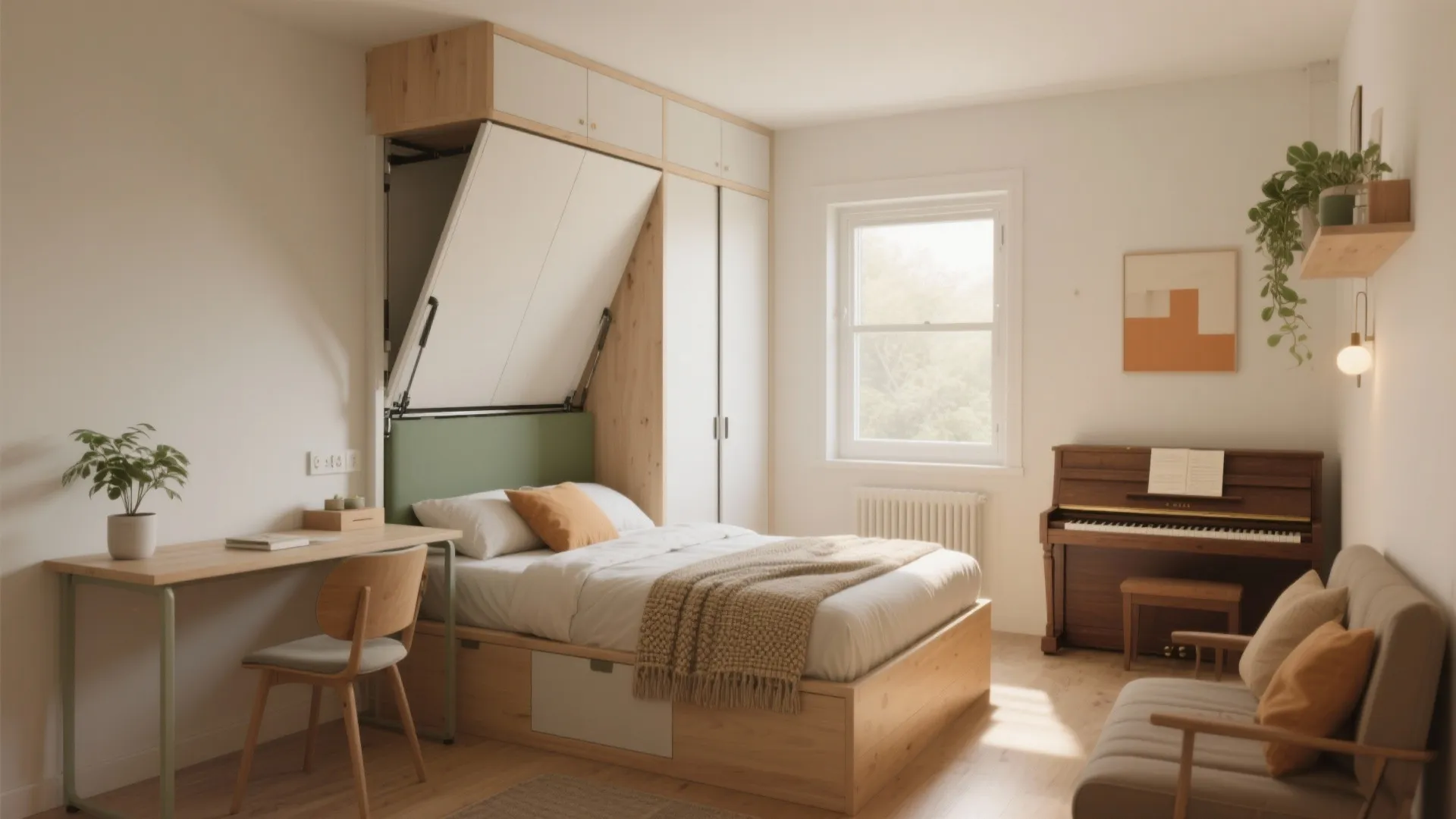 Modern small bedroom featuring a fold down wall bed wooden desk brown piano and natural light