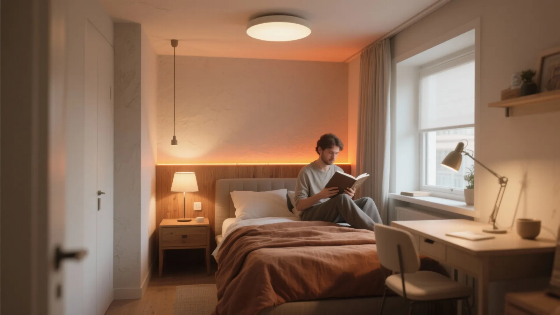Man reading book on bed in small room with desk lamp chair and round light
