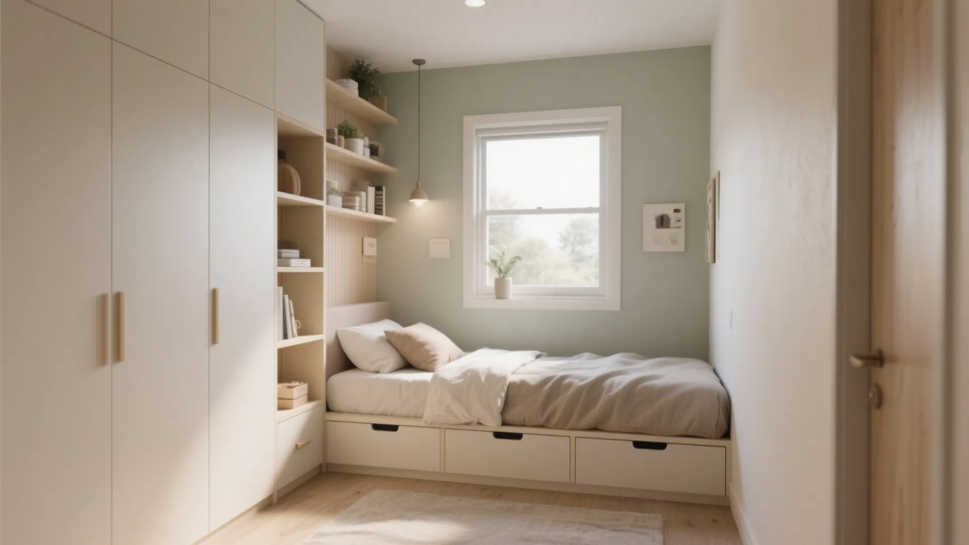 Small modern bedroom with a single storage bed white wardrobe wooden shelves and green wall