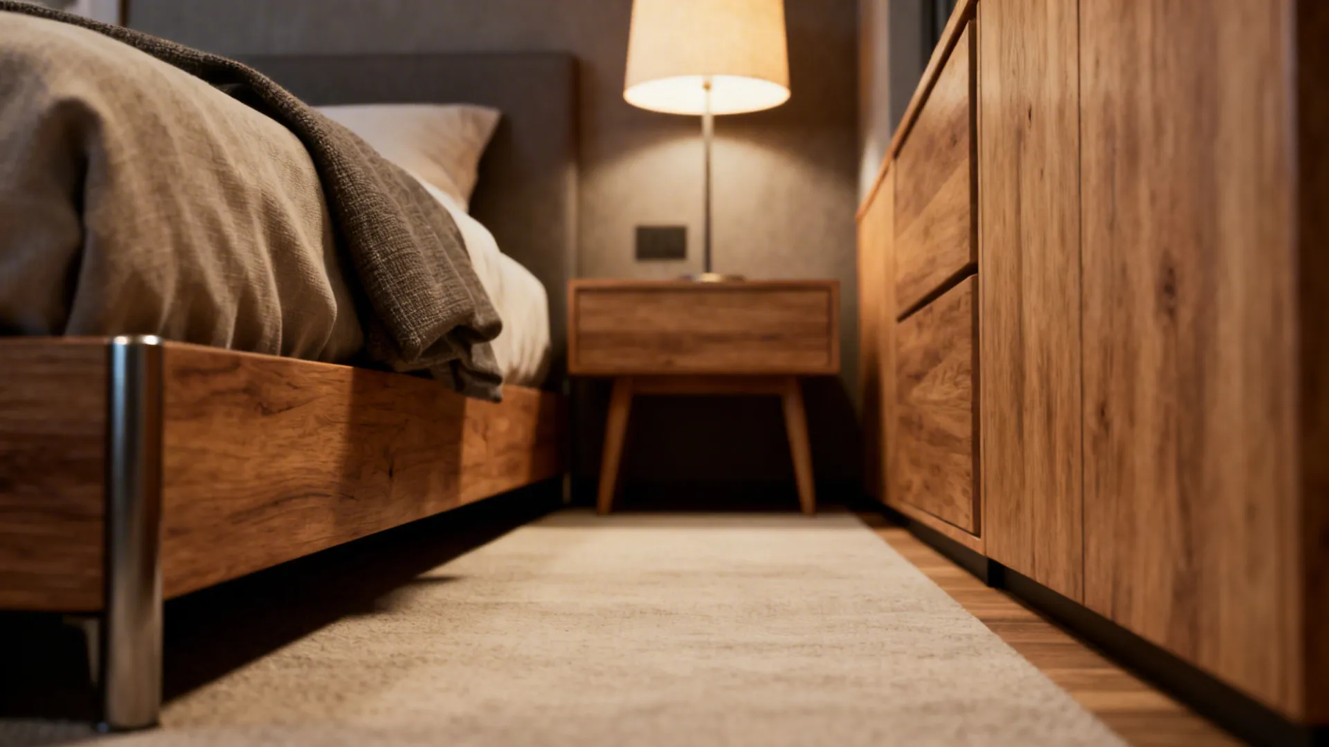 Warm bedroom lighting with wooden bed frame nightstand table lamp and a soft grey floor rug