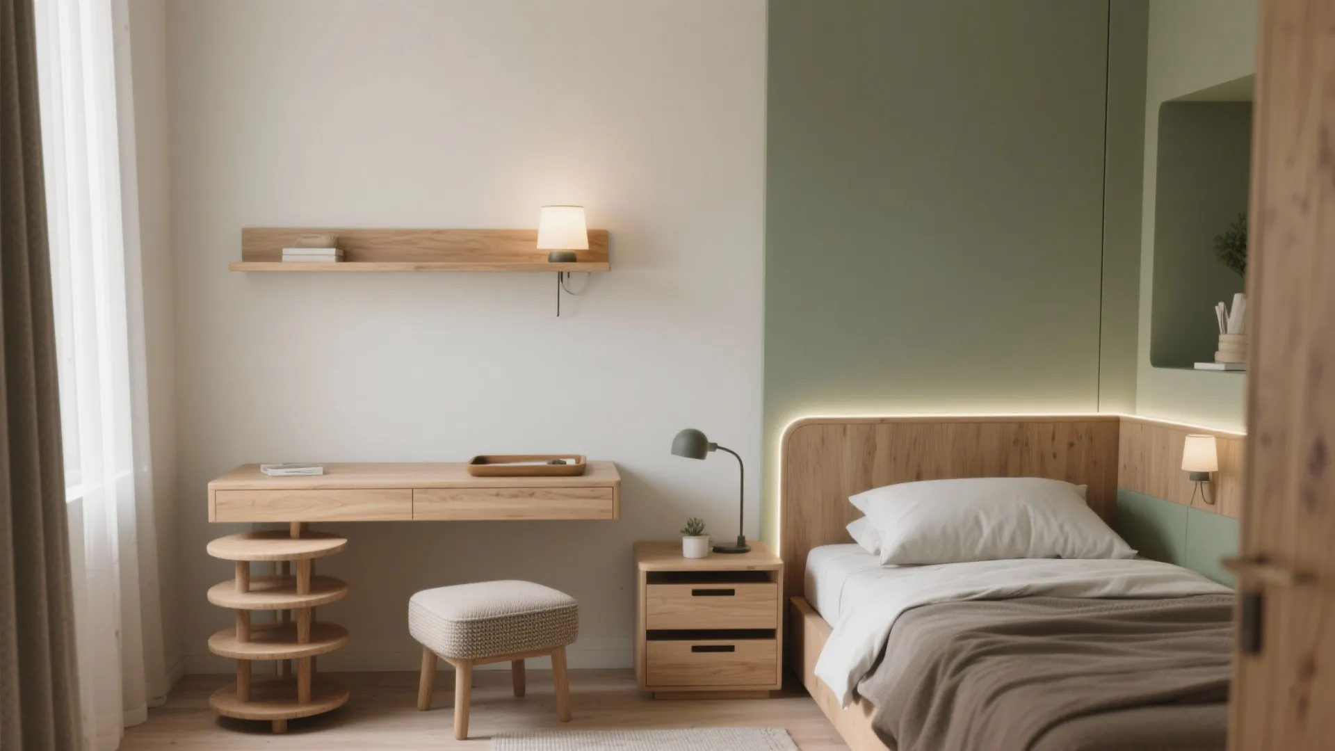 Modern bedroom with wooden desk, small footrest, bedside table, green wall panel, and soft lighting