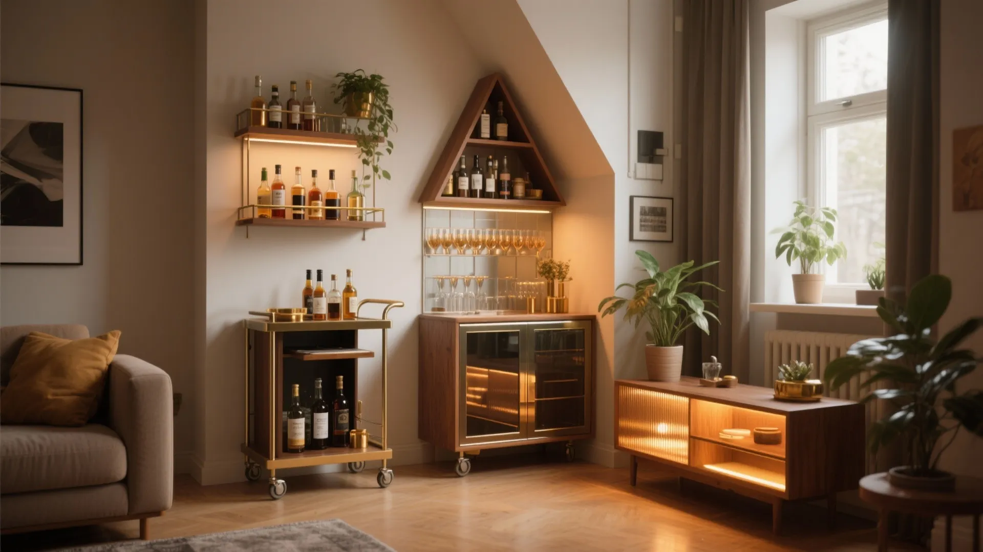 Small home bar area with wood shelves wine cart cabinet plants and warm soft light