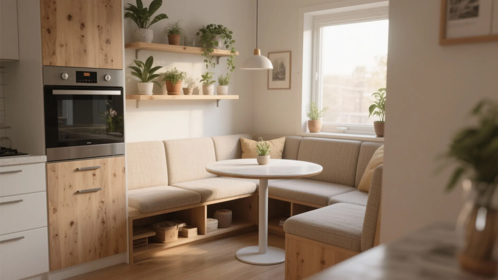Small kitchen dining nook with corner bench seating a round table and wooden storage cabinets