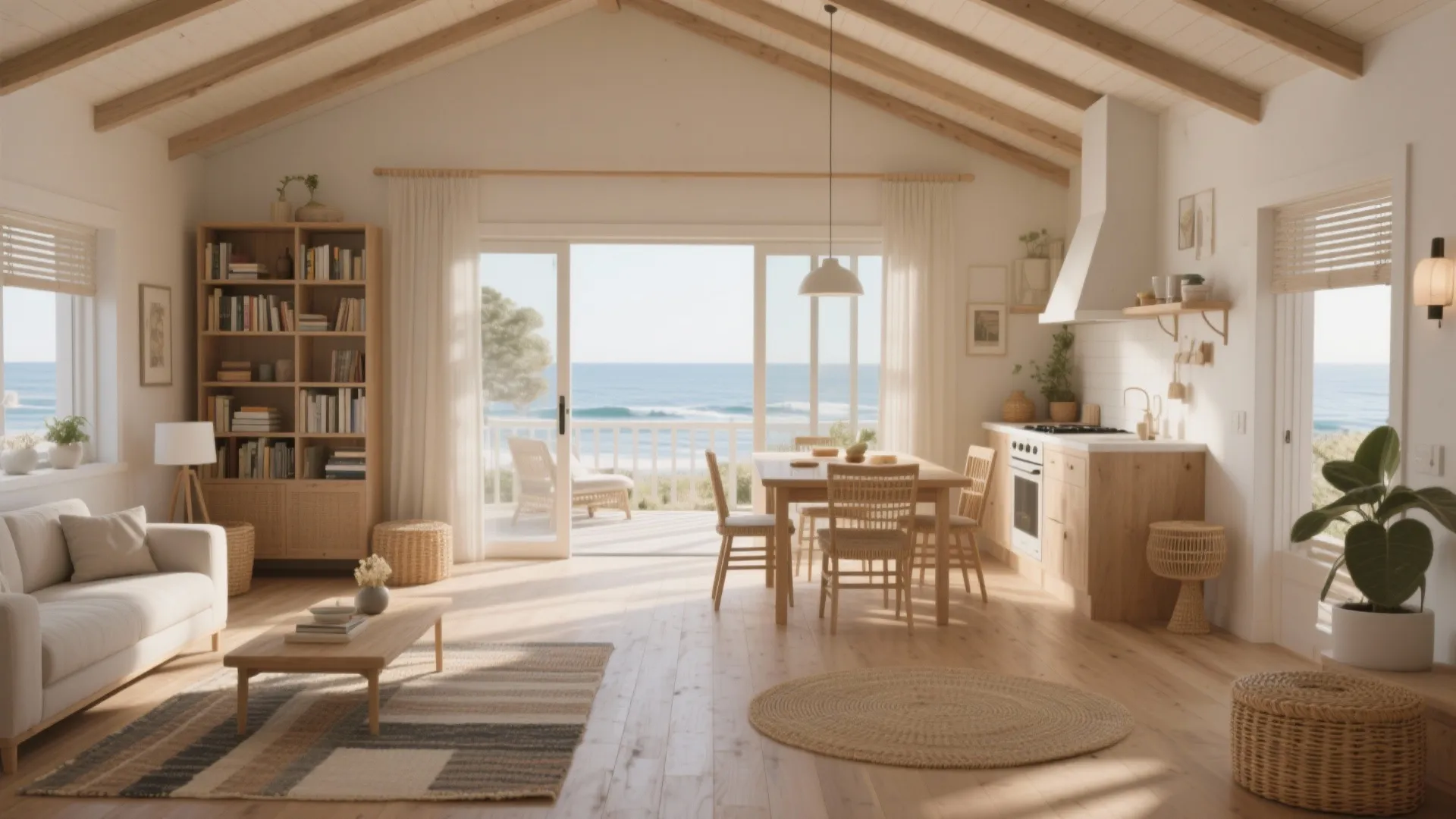 Bright open plan living room and kitchen area featuring coastal views through large glass doors