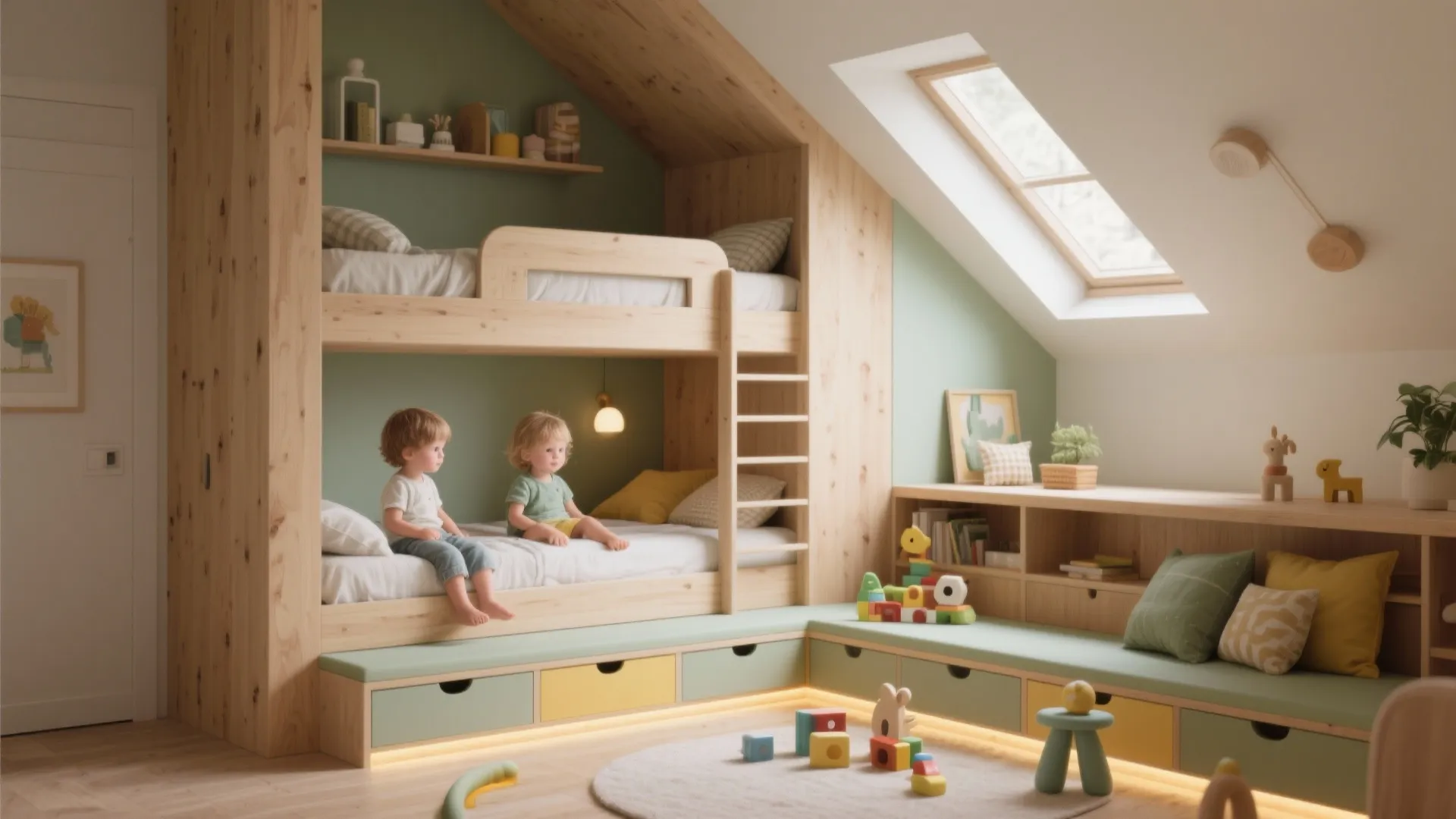 Children bedroom with wooden bunk bed under roof window and green storage drawers and toys