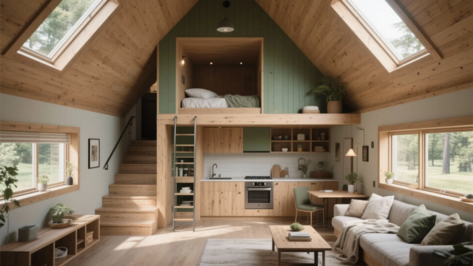 Tiny house interior design featuring loft bed kitchen wooden stairs sofa and natural light from windows