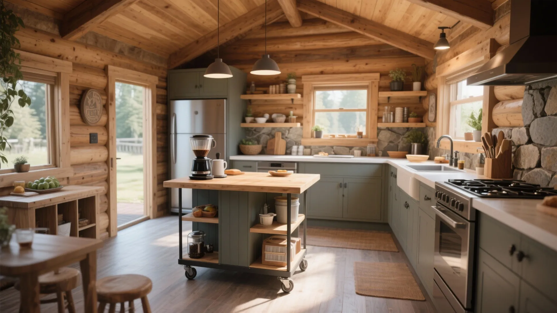 Modern cabin kitchen featuring green cabinets a movable kitchen island stainless steel fridge and windows
