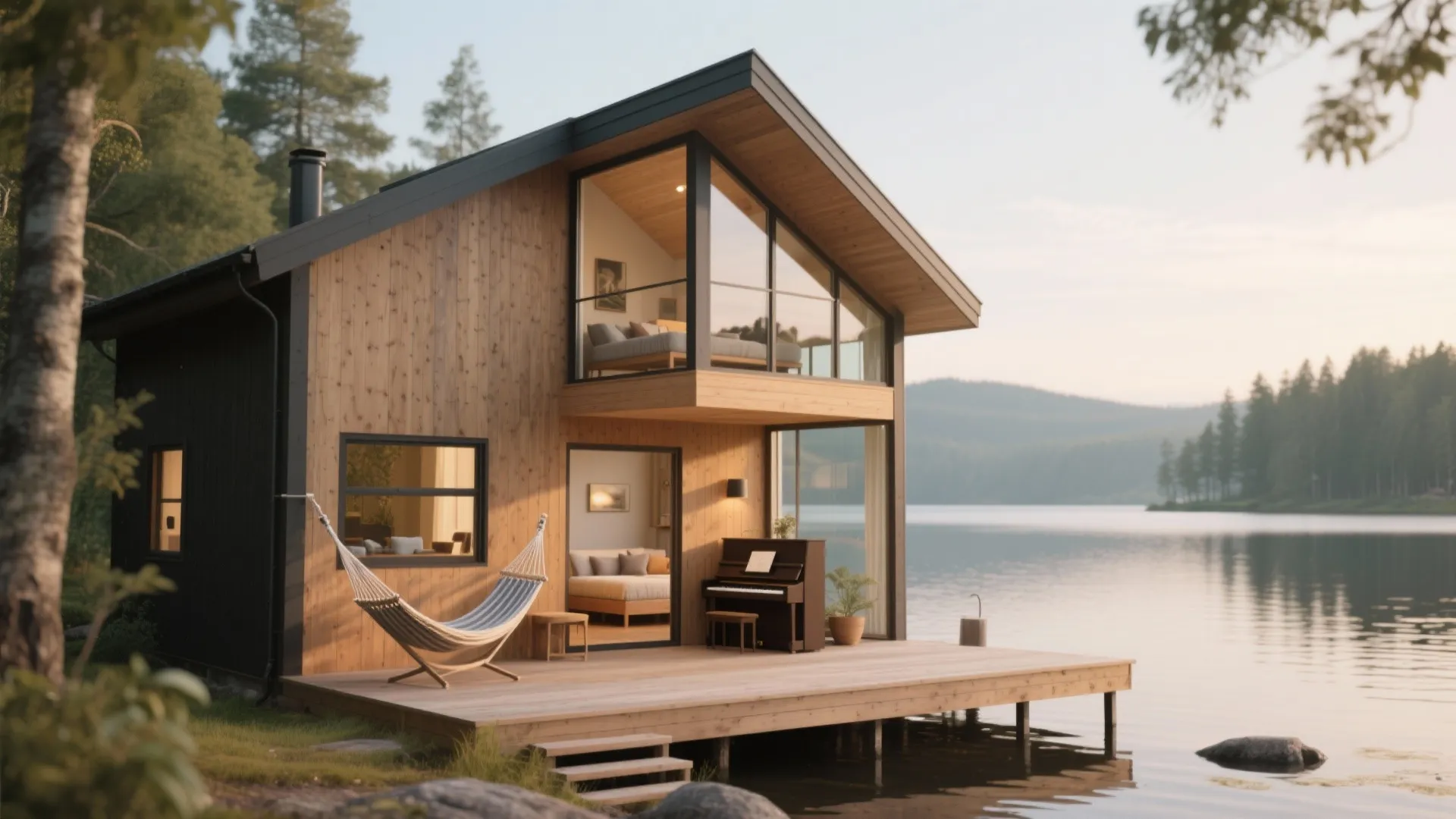 Two story wooden house by a lake with a hammock piano and large glass windows