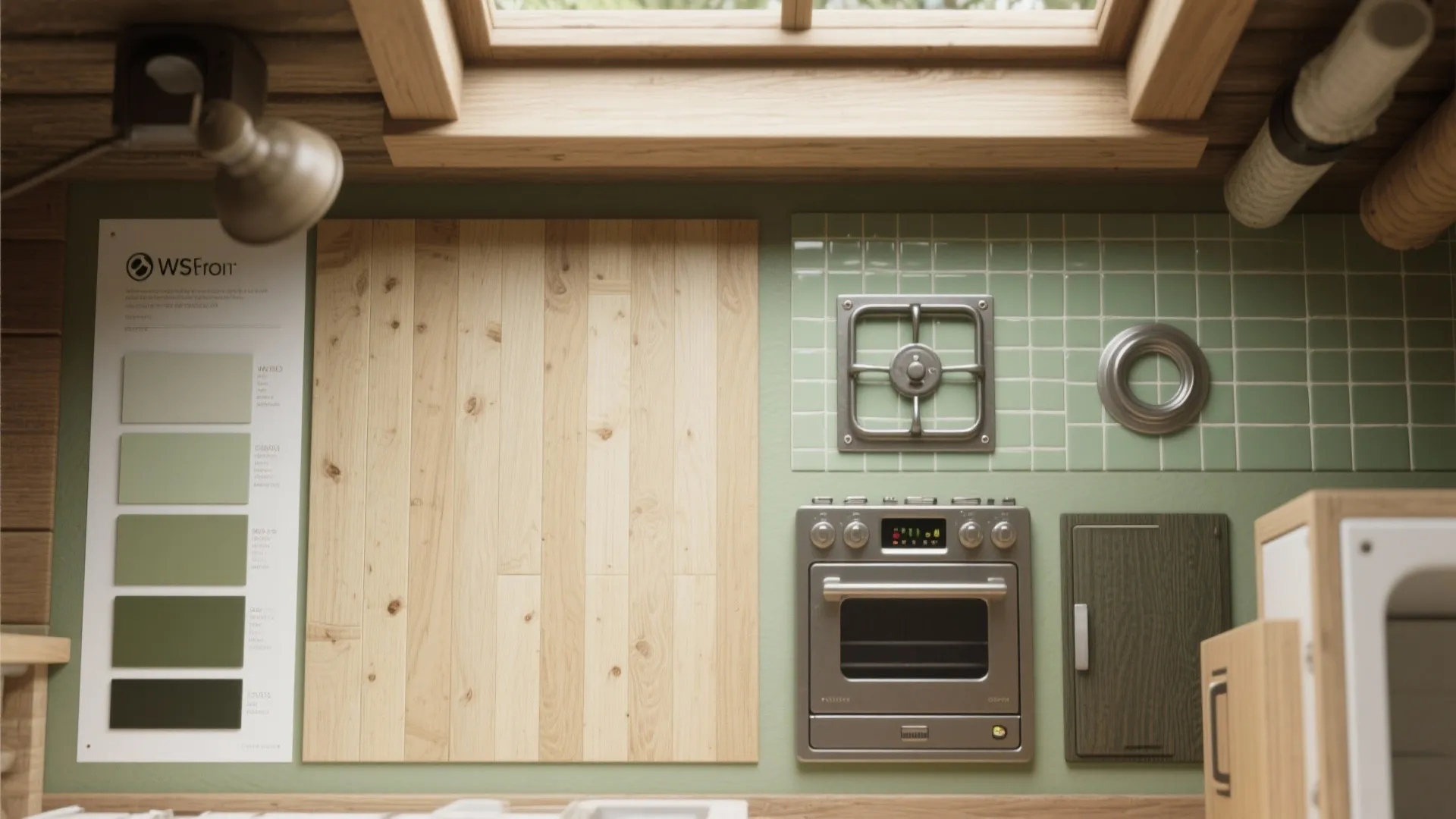 Kitchen design moodboard with green wall tiles light wood panels small oven and color palette