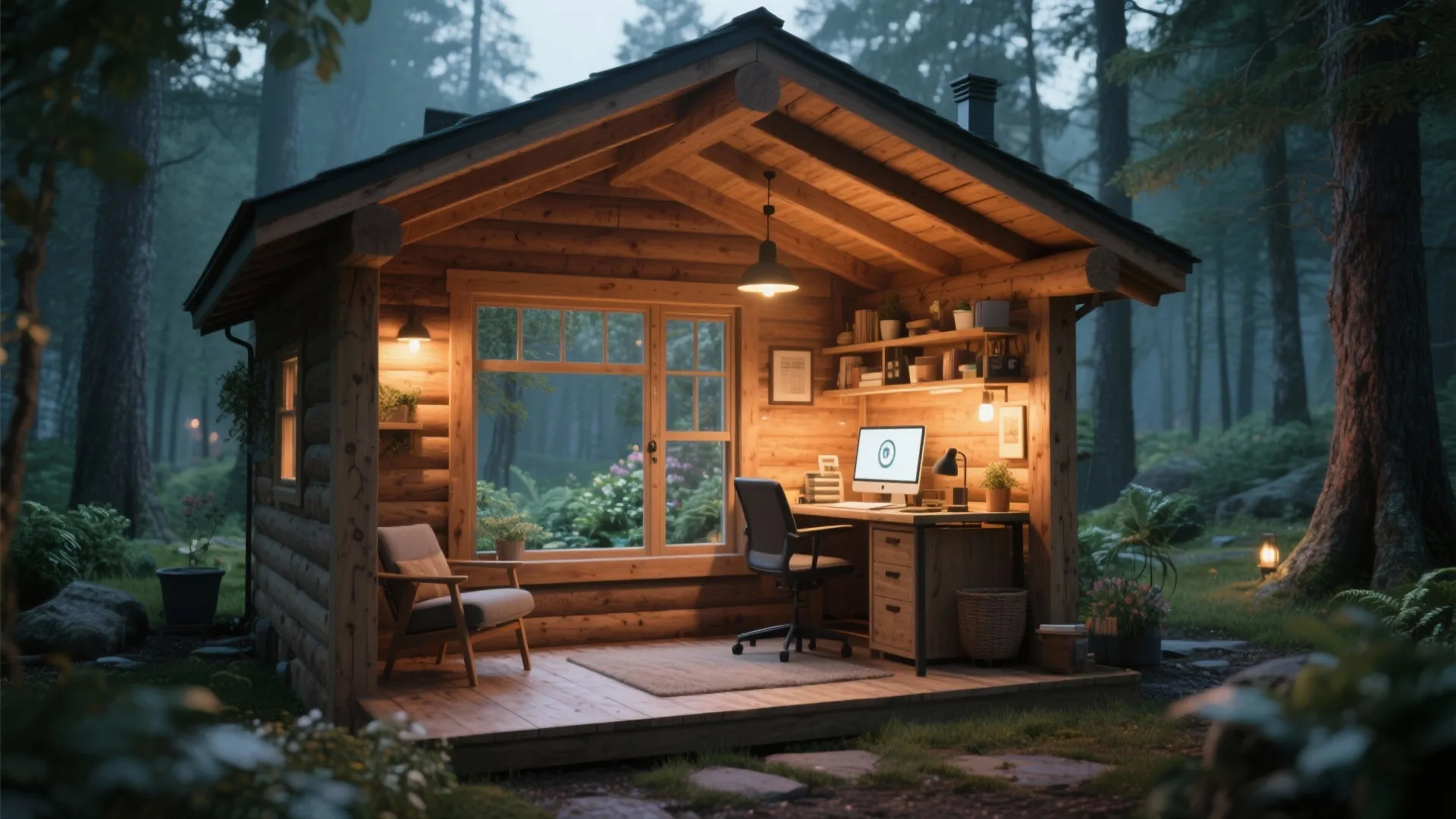 Cozy wooden log cabin office in forest with warm interior lights desk computer and armchair