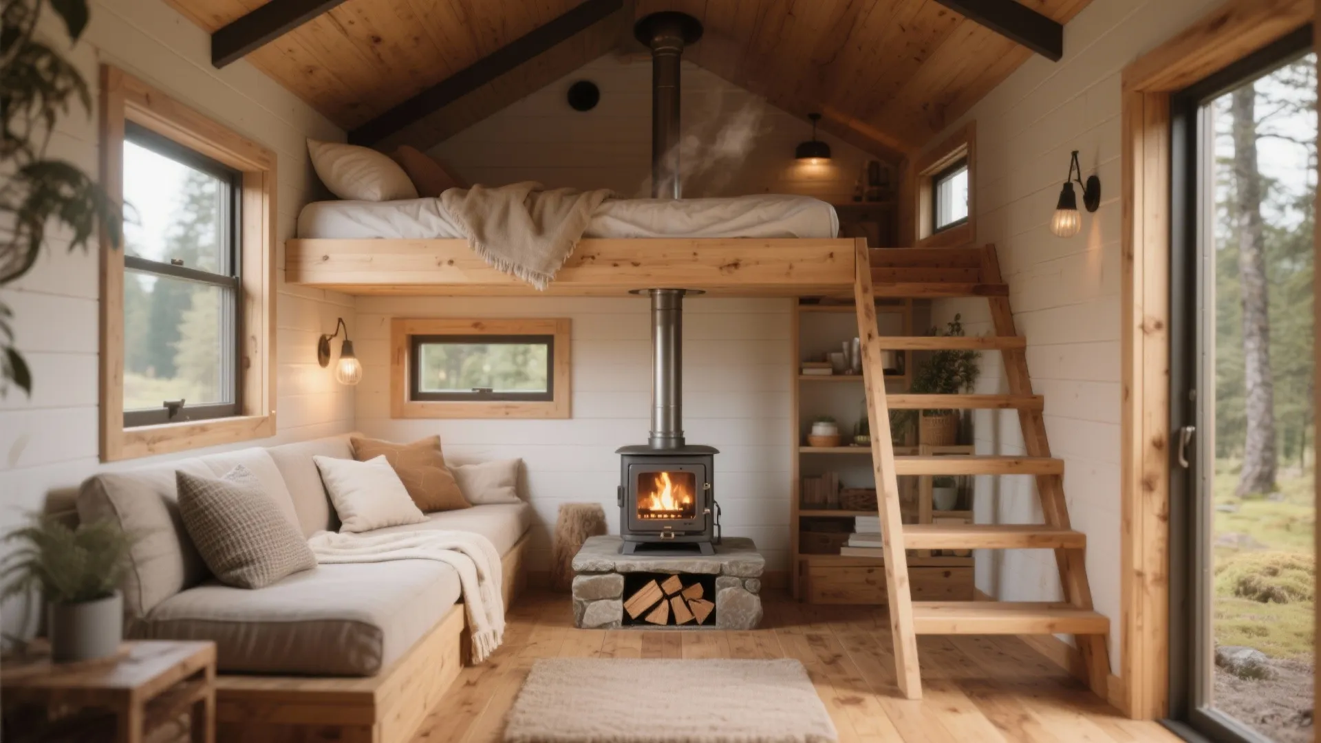 Small wood cabin interior with sofa wood stove loft bed wooden ladder and large windows