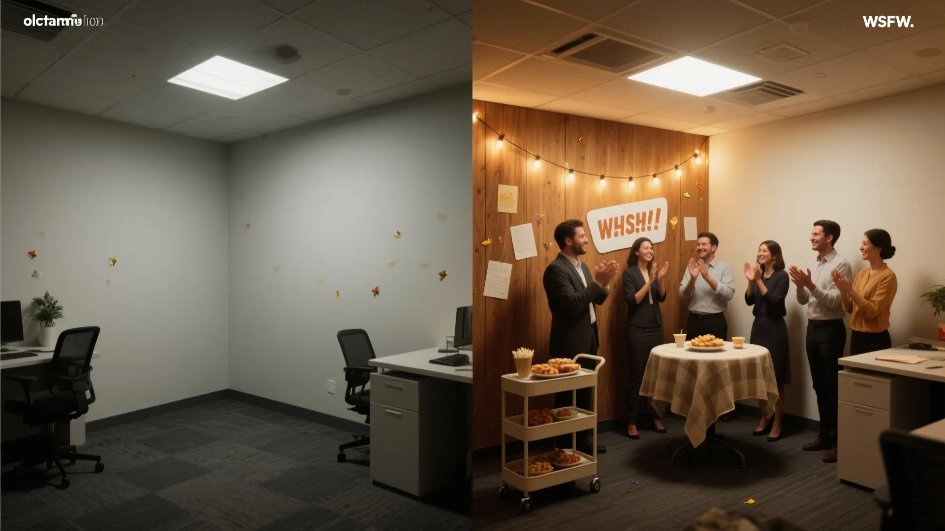 Before and after comparison showing empty dark office transformed into bright party space with decorations