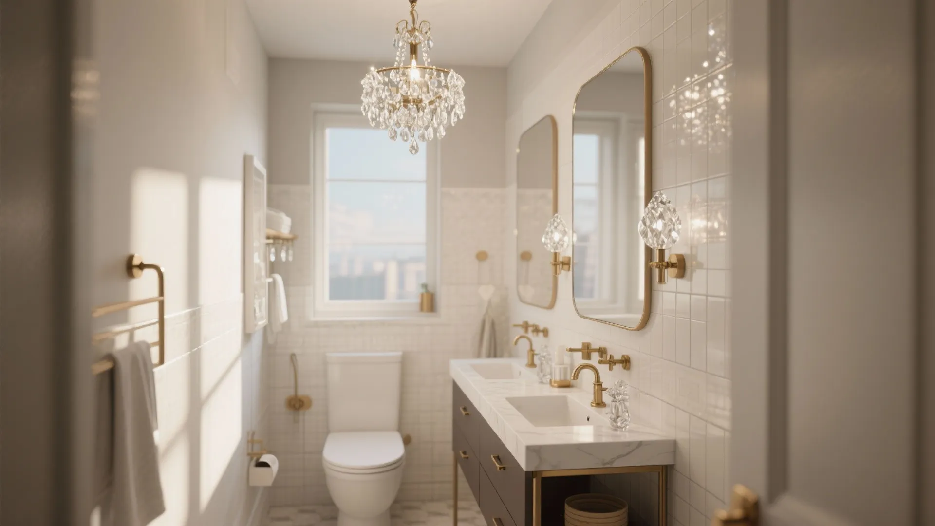 Modern white bathroom with crystal ceiling light double sink vanity gold faucets and marble countertop