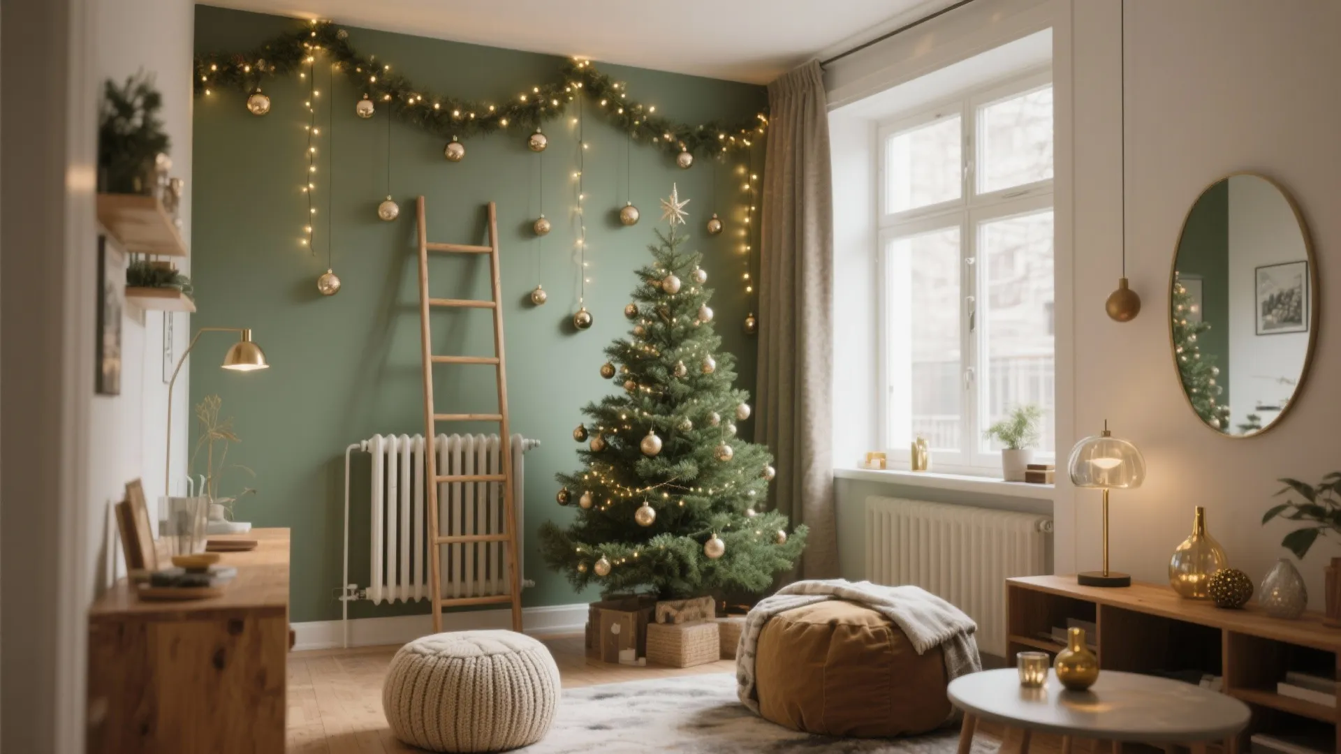 Green living room wall with a lit Christmas tree wooden ladder and soft floor seats