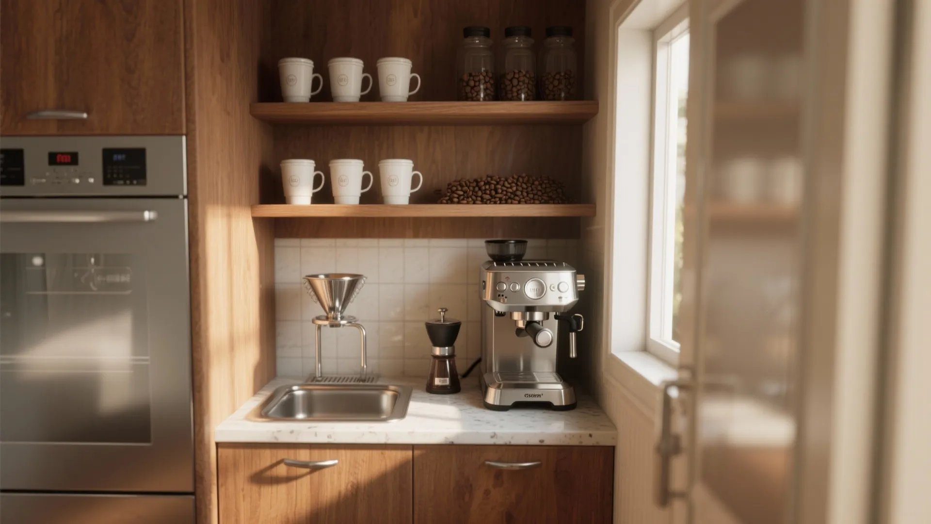 Small kitchen coffee station with wooden shelves, white mugs, coffee beans, and a silver machine