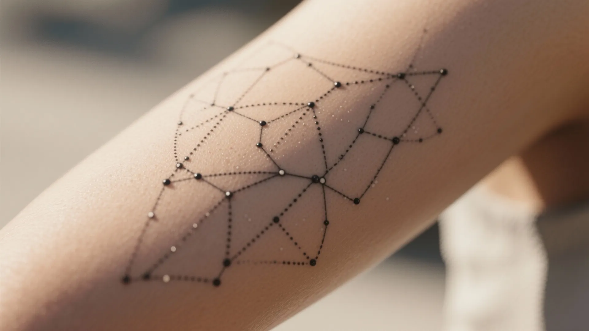 Black geometric star pattern with small dots and thin lines on a person's arm skin