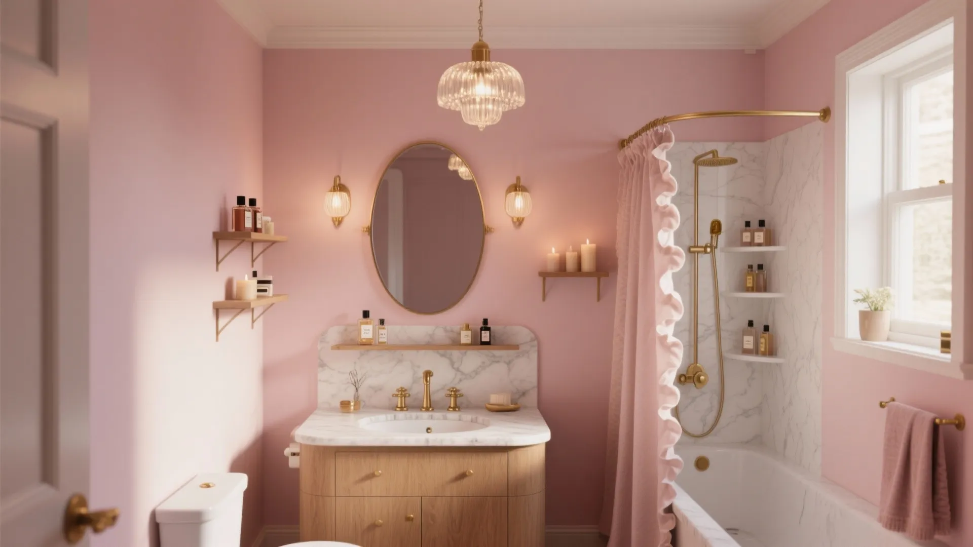 Pink bathroom with wood cabinet marble counter oval mirror gold ceiling light and pink shower curtain