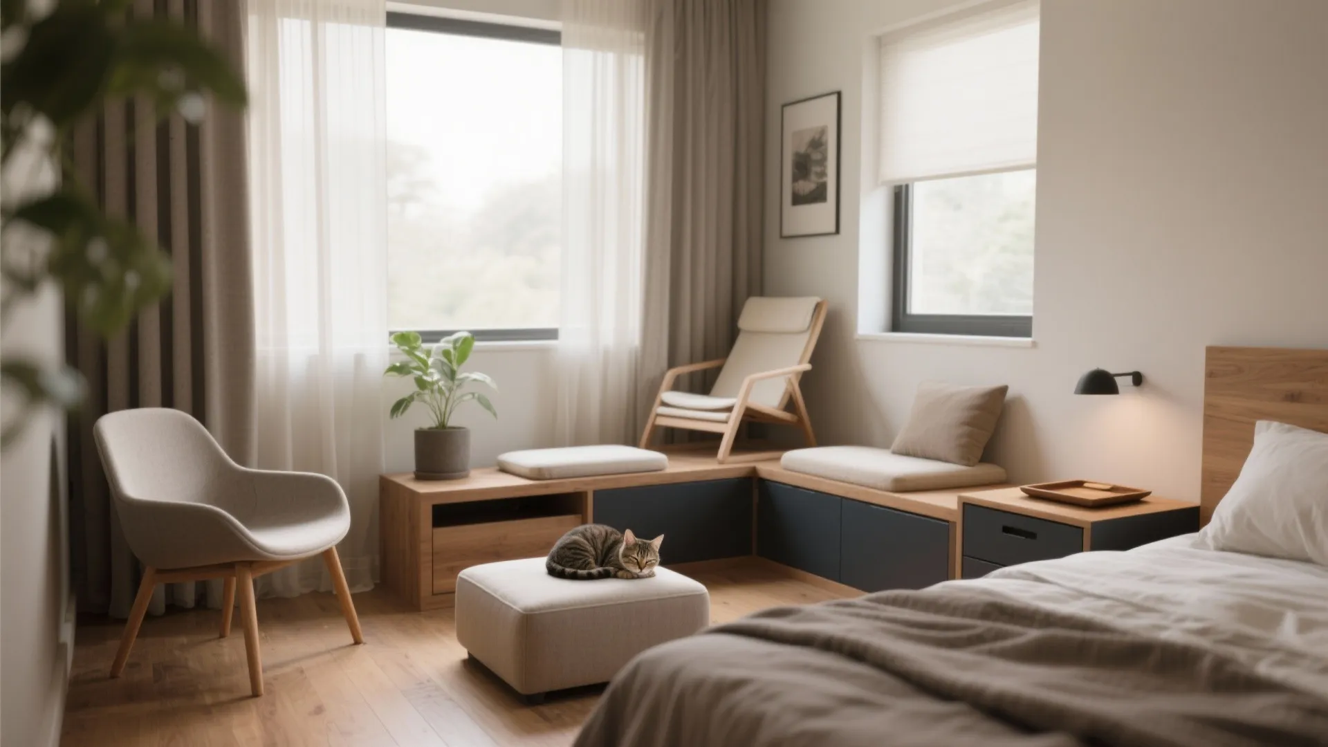 Modern bedroom corner featuring wooden storage bench grey chair footrest cat sleeping and large bright windows