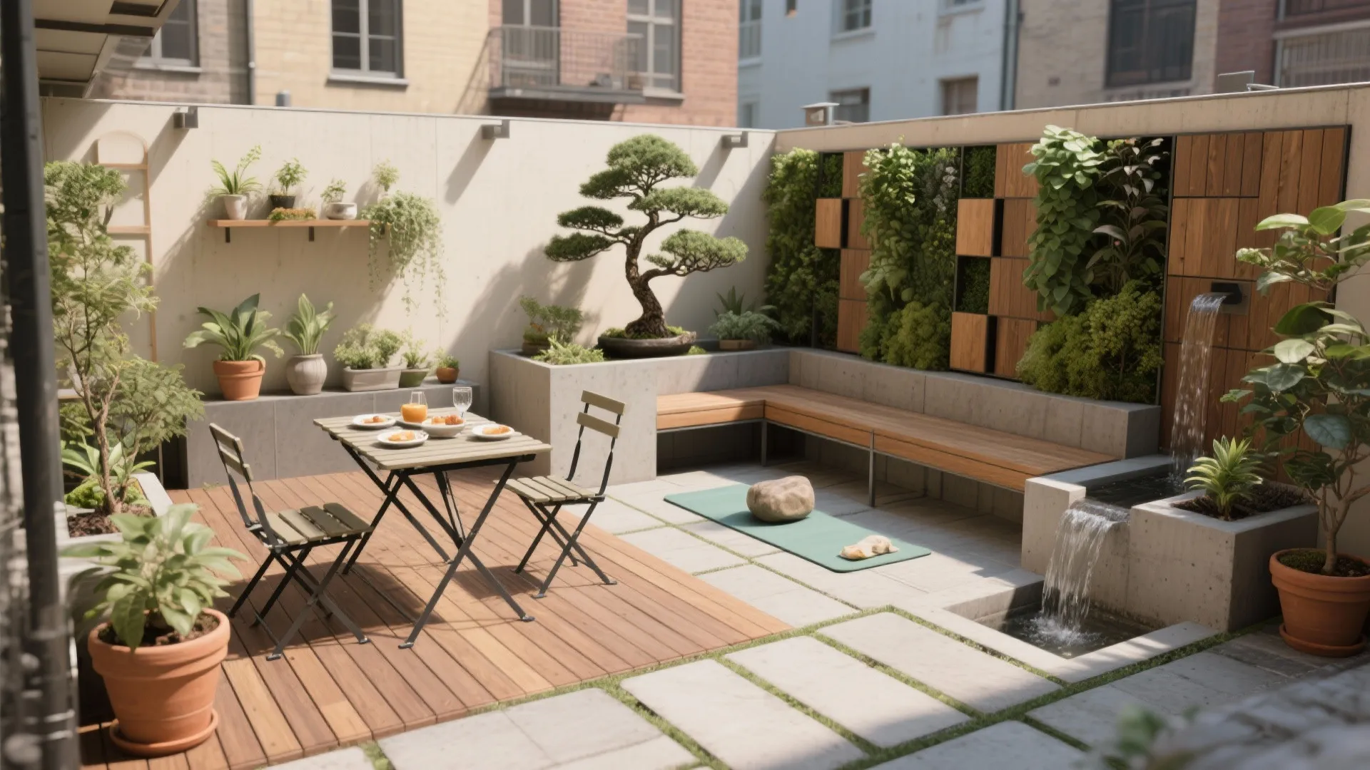 Modern outdoor courtyard with dining table chairs green plants wood deck and small water feature fountain