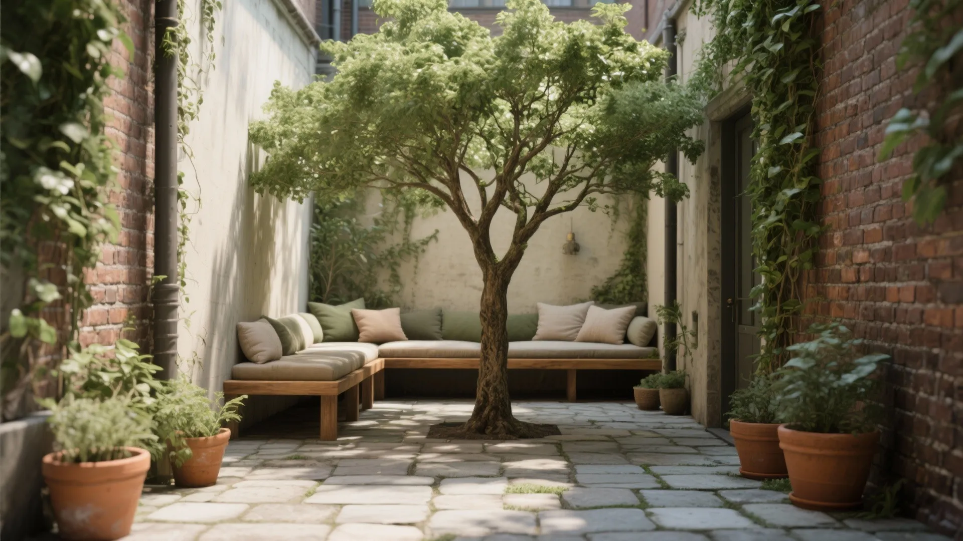 Narrow courtyard with a large green tree and comfortable wooden sofa bench with green cushions