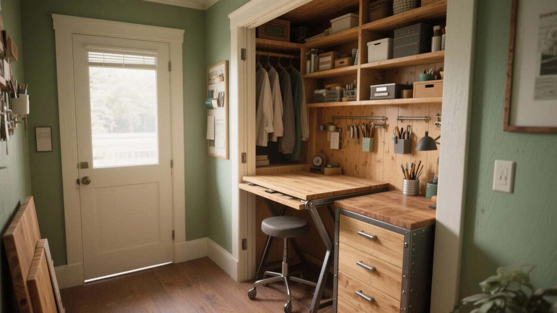 Small craft station inside a closet with wooden shelving units and a compact working desk