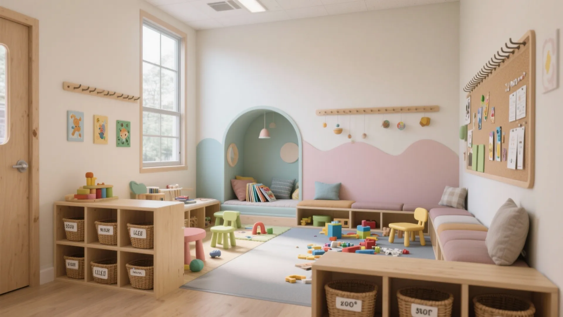 Bright classroom interior with storage bins blue reading arch pink wall panel and building blocks