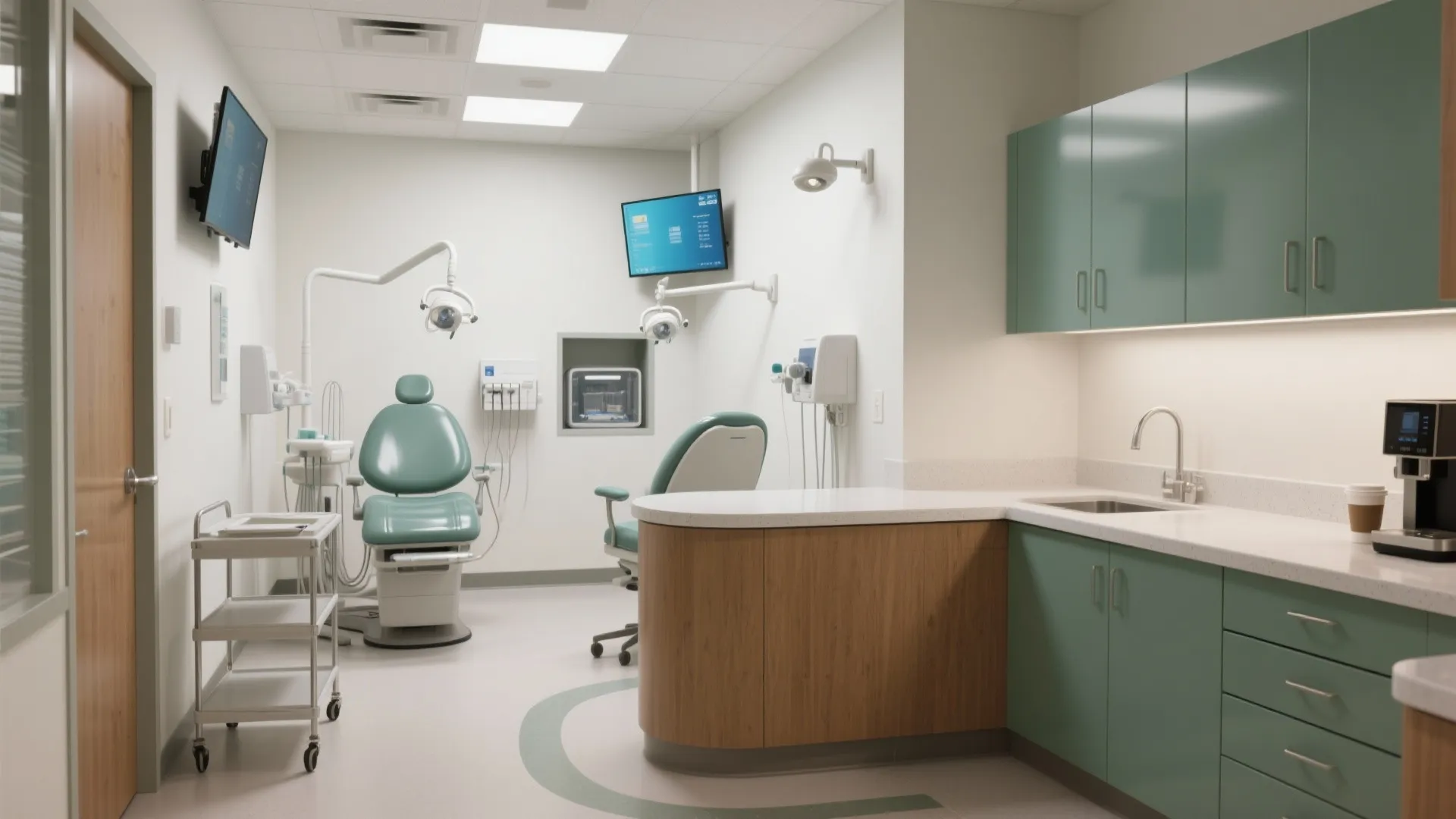 Modern dental clinic interior design with green medical chairs white walls green cabinets and sink