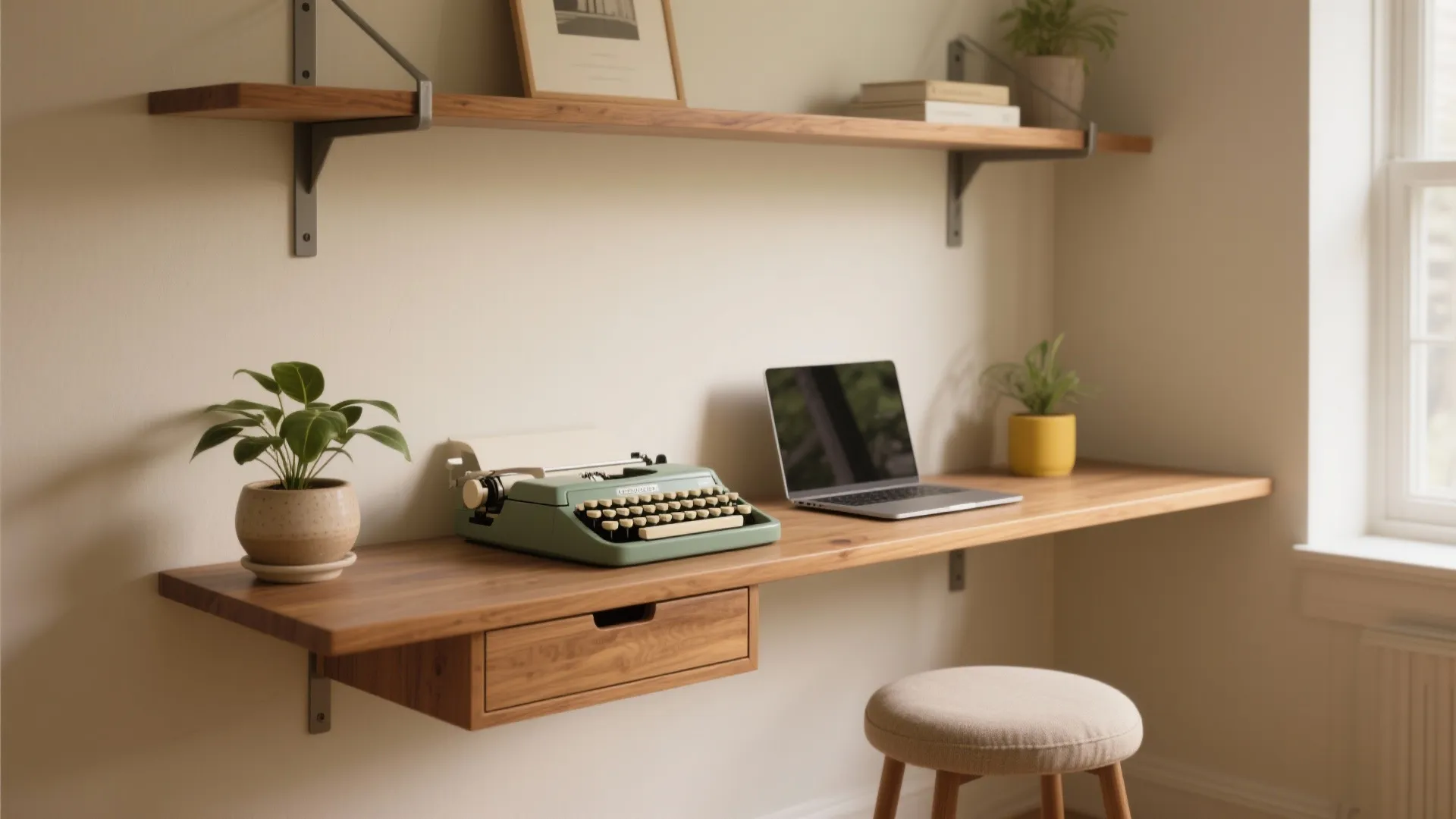 Small wooden wall mounted desk with a vintage typewriter laptop plants and open wall shelves
