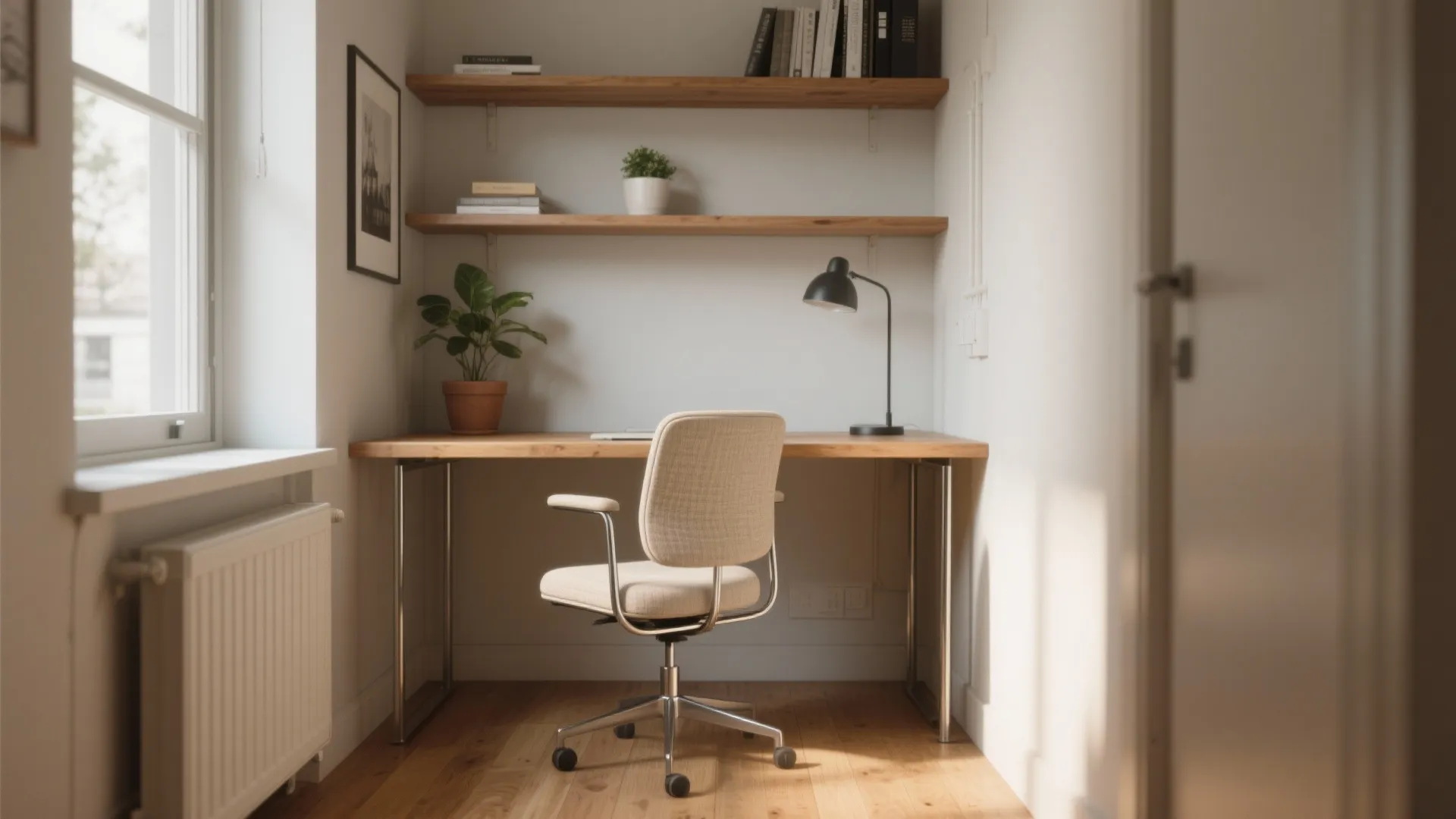 Small office nook with wooden desk beige chair wall shelves green plants and black lamp