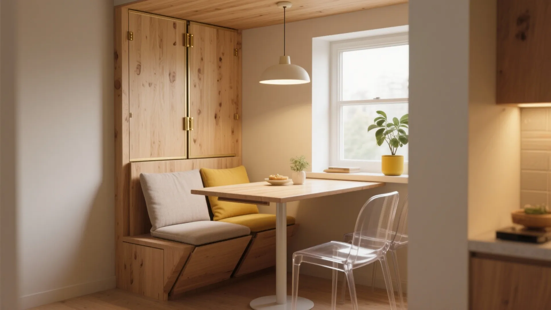 Small dining nook with wooden bench seating yellow pillows clear chairs and a ceiling light