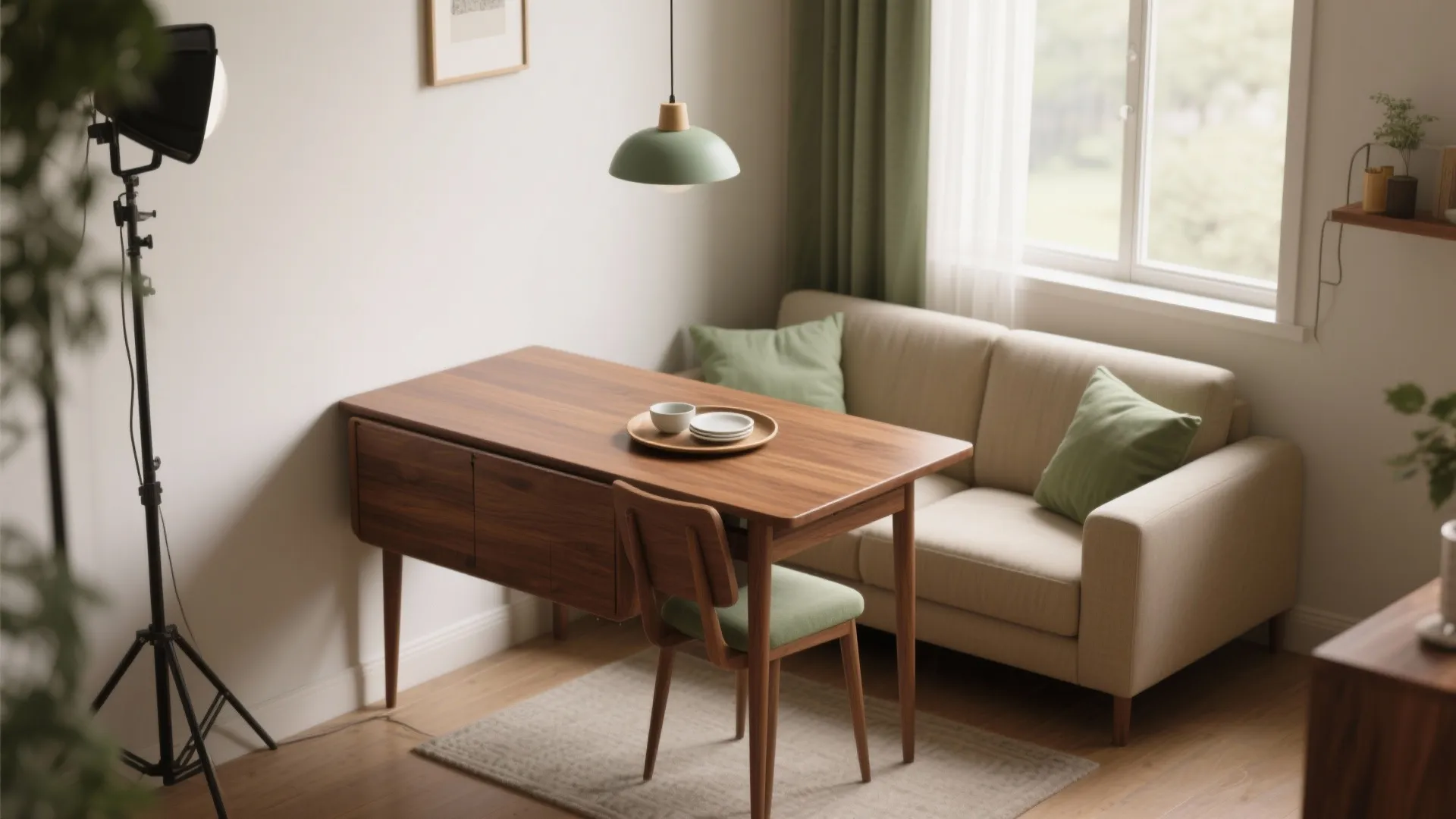 Small dining area with wooden table green ceiling light cream sofa and matching green pillows