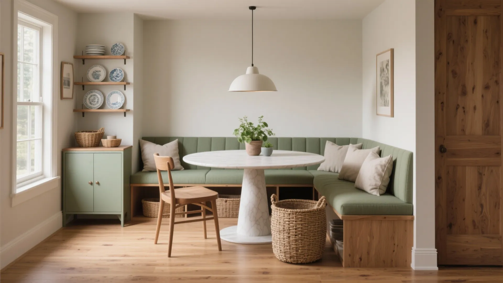 Corner dining area with green bench seating round marble table and one simple wooden chair