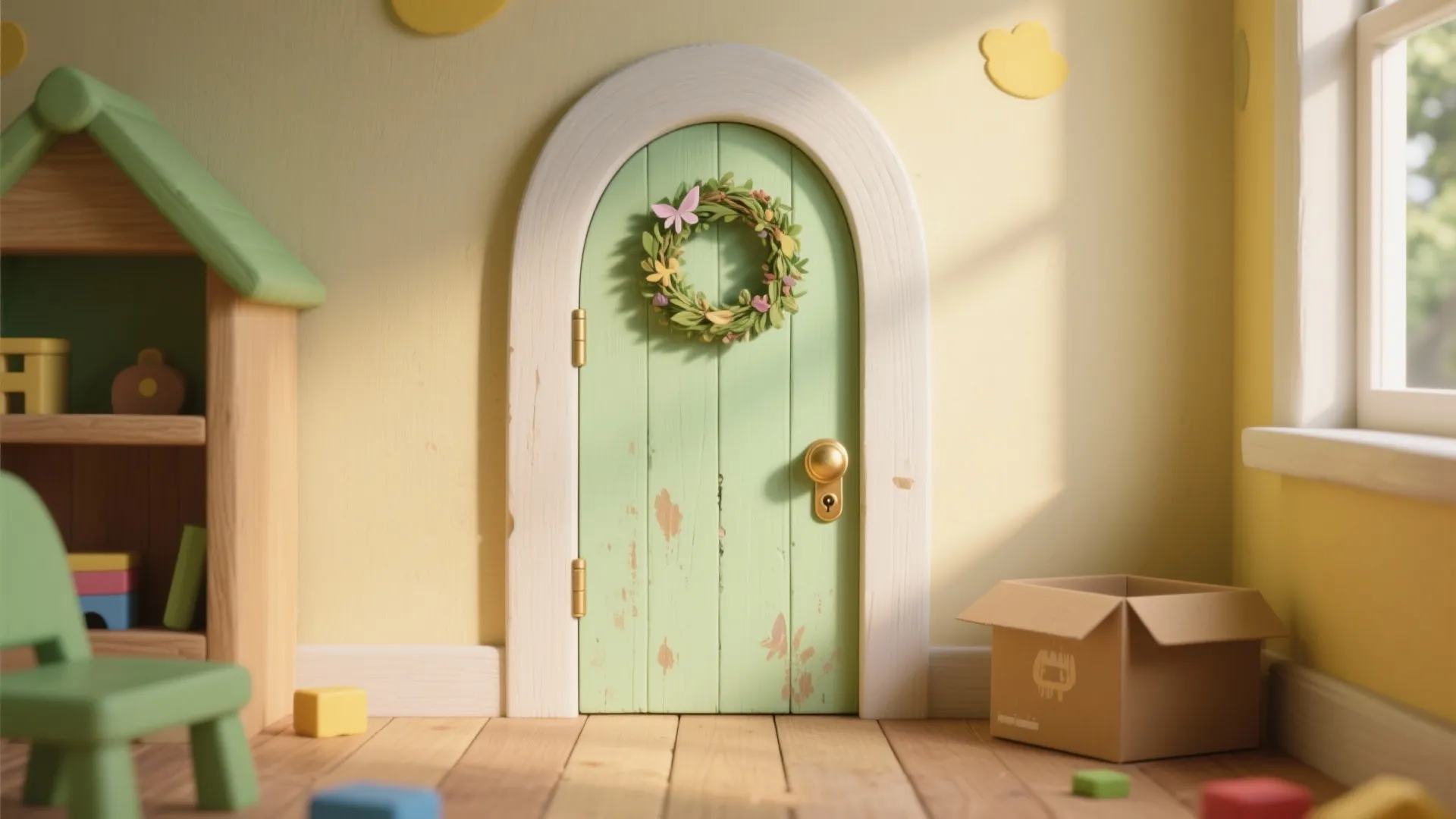 Small green door with flower wreath on yellow wall in room with wooden floor light