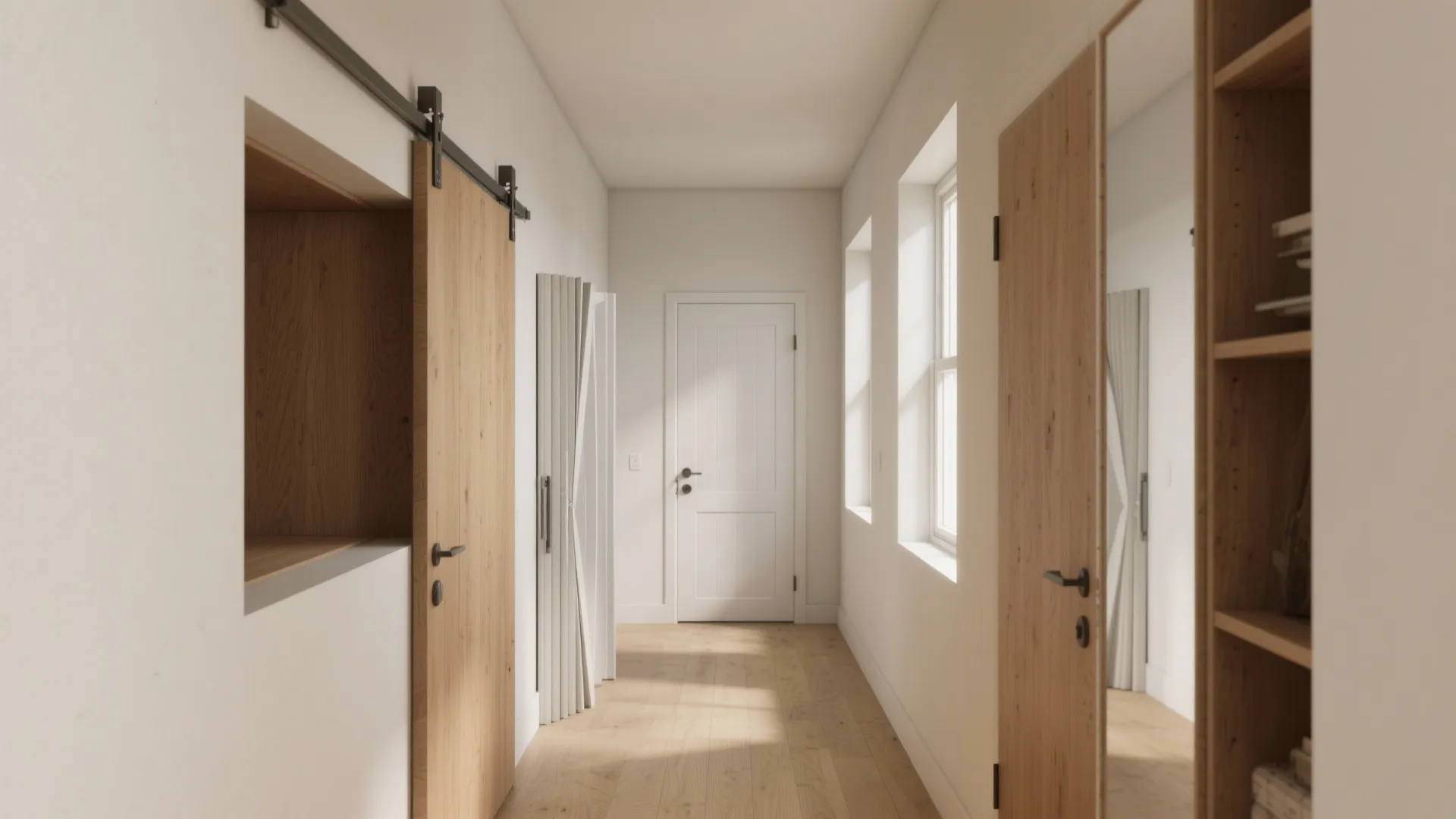 Long hallway with sliding wooden doors white walls wooden floor and large windows with natural light