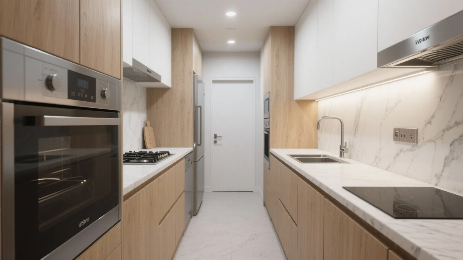 Compact galley kitchen with continuous counters, shadow-free task lighting, quiet hood, and taped appliance footprints for clearance tests.