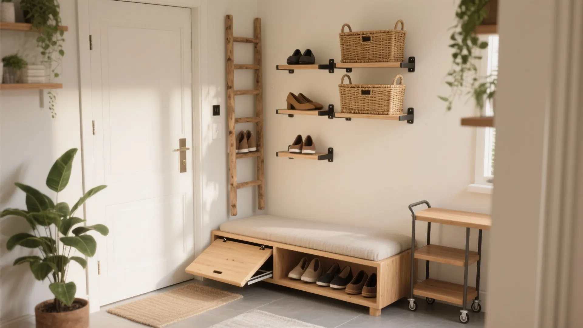 Bright entryway featuring a wooden shoe bench with storage basket shelves and a wooden ladder