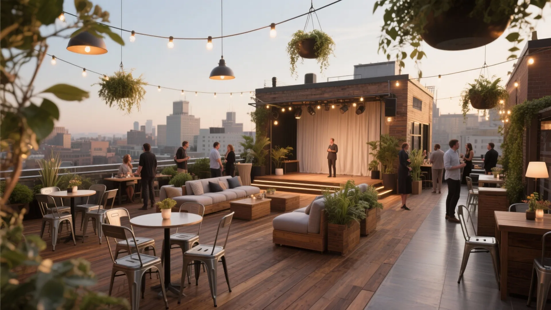 Rooftop terrace event space with wooden floor outdoor sofas metal chairs and a small stage area