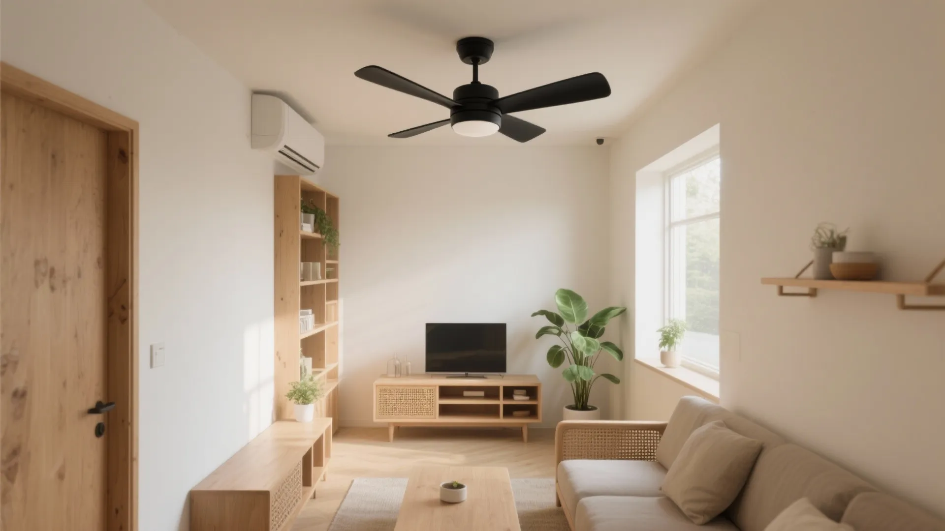 Modern living room with a black ceiling fan light beige sofa and wooden television cabinet