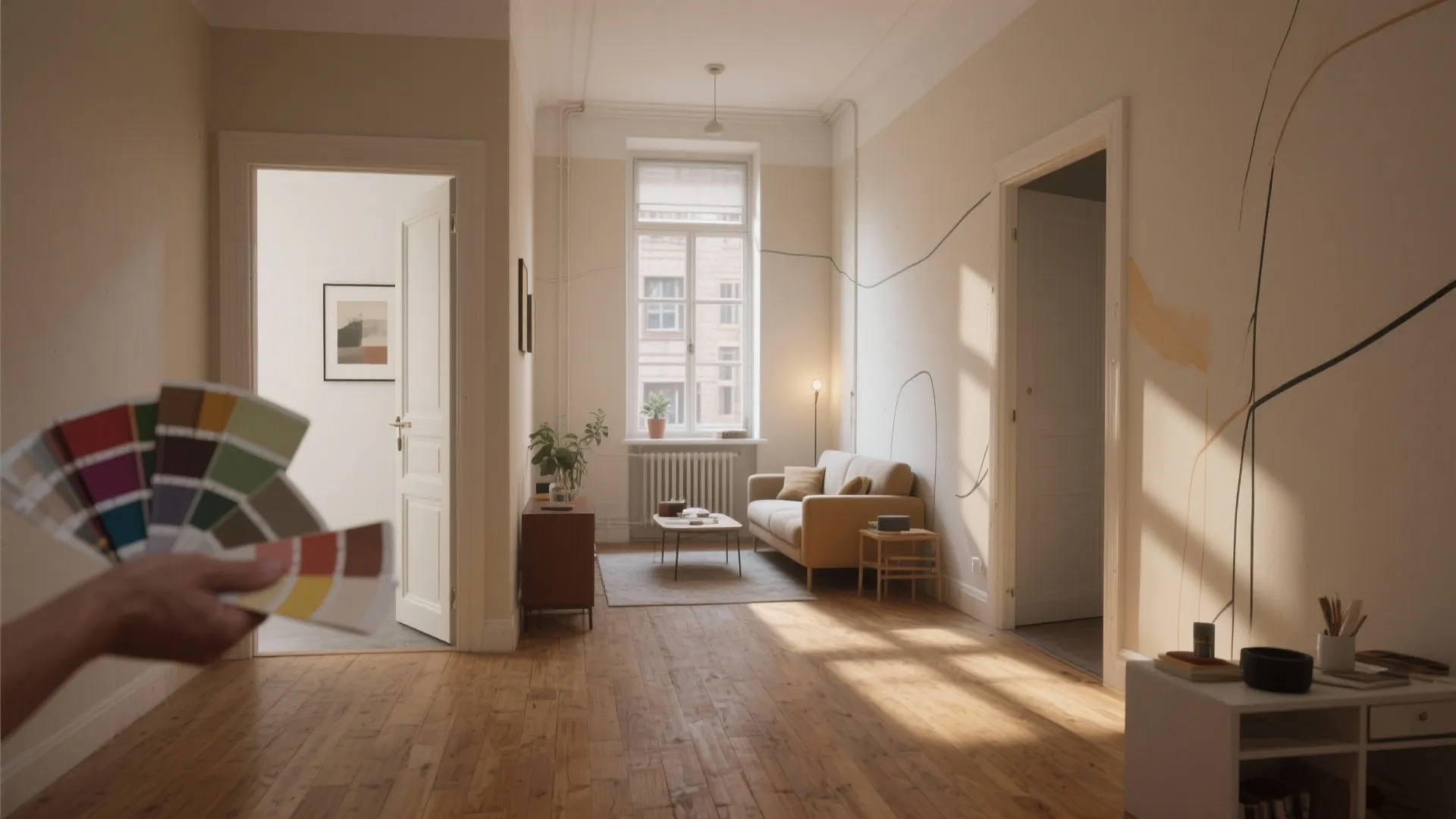 A hand holding color swatches in a small bright living room with wood floor furniture