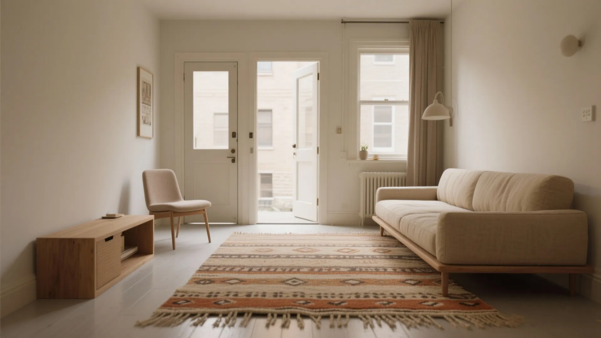 Low-pile flatweave rug for small room layouts in a tiny studio, warming the space while keeping door clearance clean.