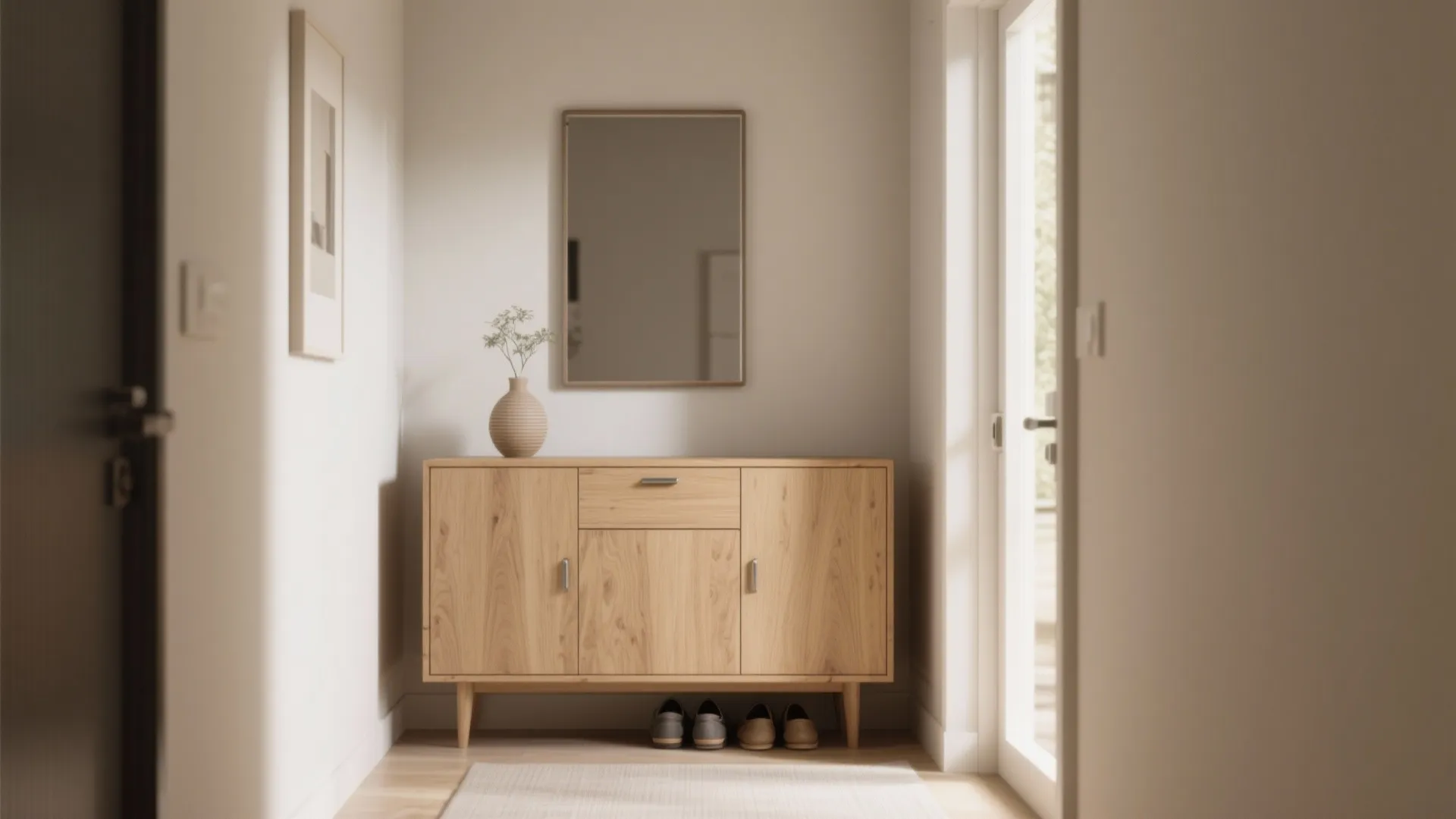 Minimalist entryway with a wooden cabinet a mirror on the wall and shoes on the floor