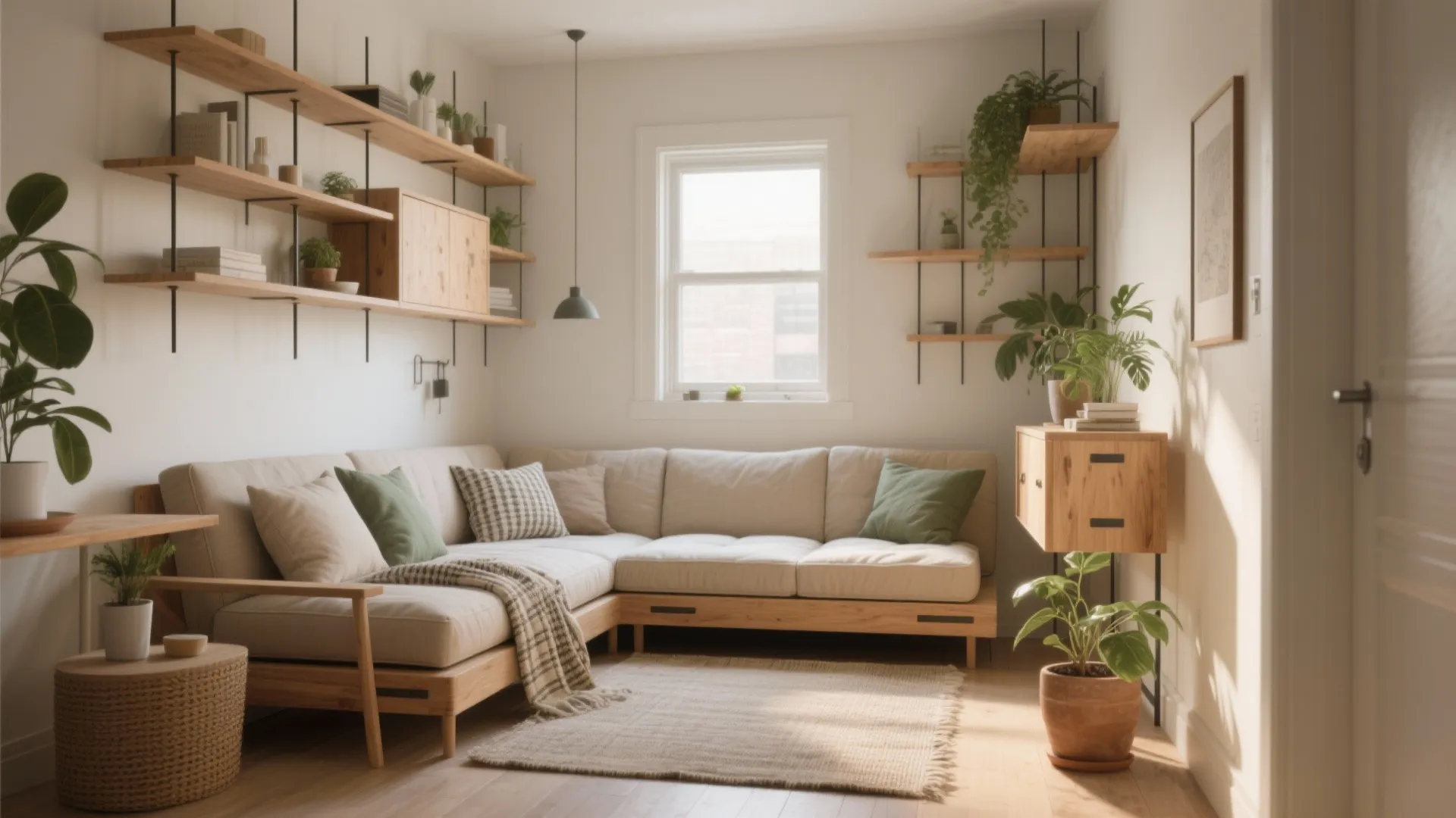 Modern cozy living room with cream sectional sofa wooden wall shelves potted plants and natural light