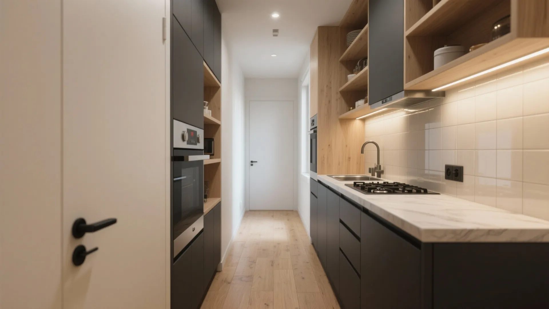 Narrow galley kitchen with dark grey cabinets wooden shelves marble countertop and light wood floor