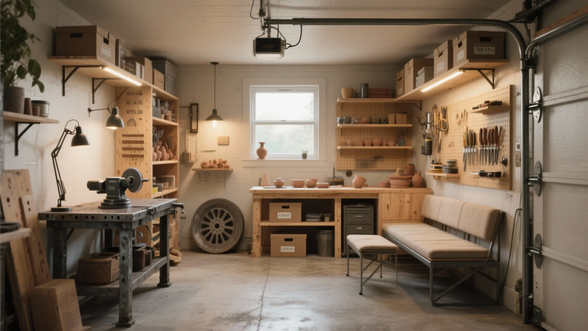 Small home workshop featuring a wooden table pottery display shelves a sofa and bright window